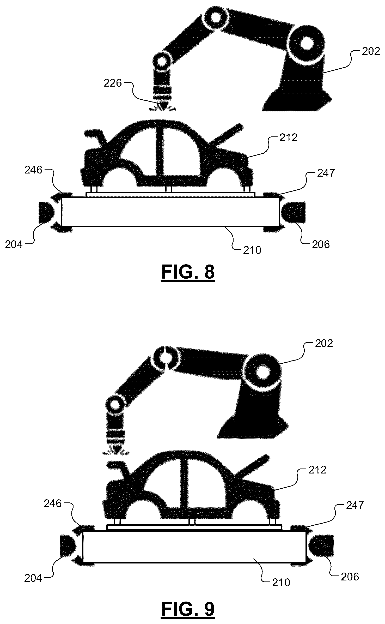 Patent US12576511 Figure 6 – Overspray-free robotic paint system including fixture lifting, positioning, and orienting robots