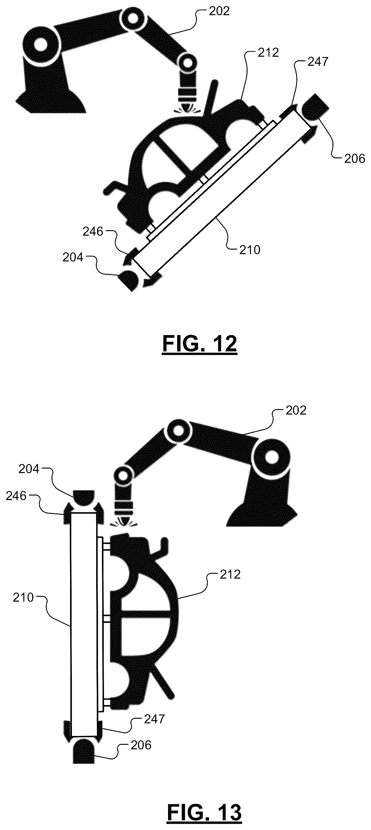 Patent US12576511 Figure 8 – Overspray-free robotic paint system including fixture lifting, positioning, and orienting robots