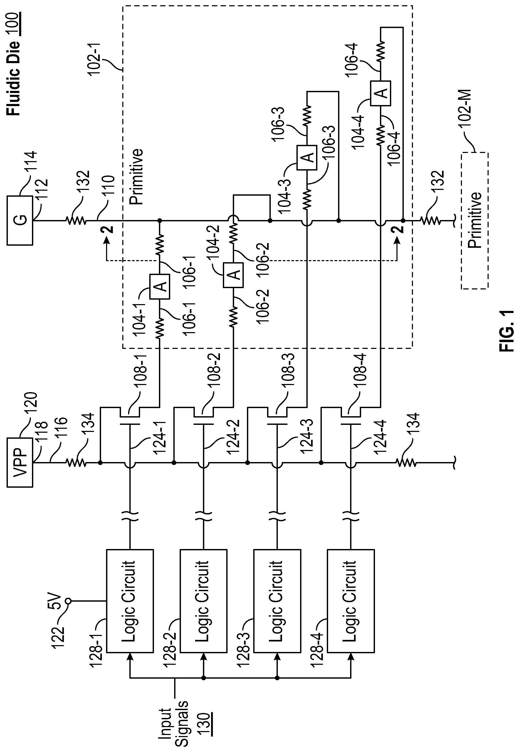 Patent US12576633 Figure 1 – Matching electrically conductive line resistances to switches in fluidic dies