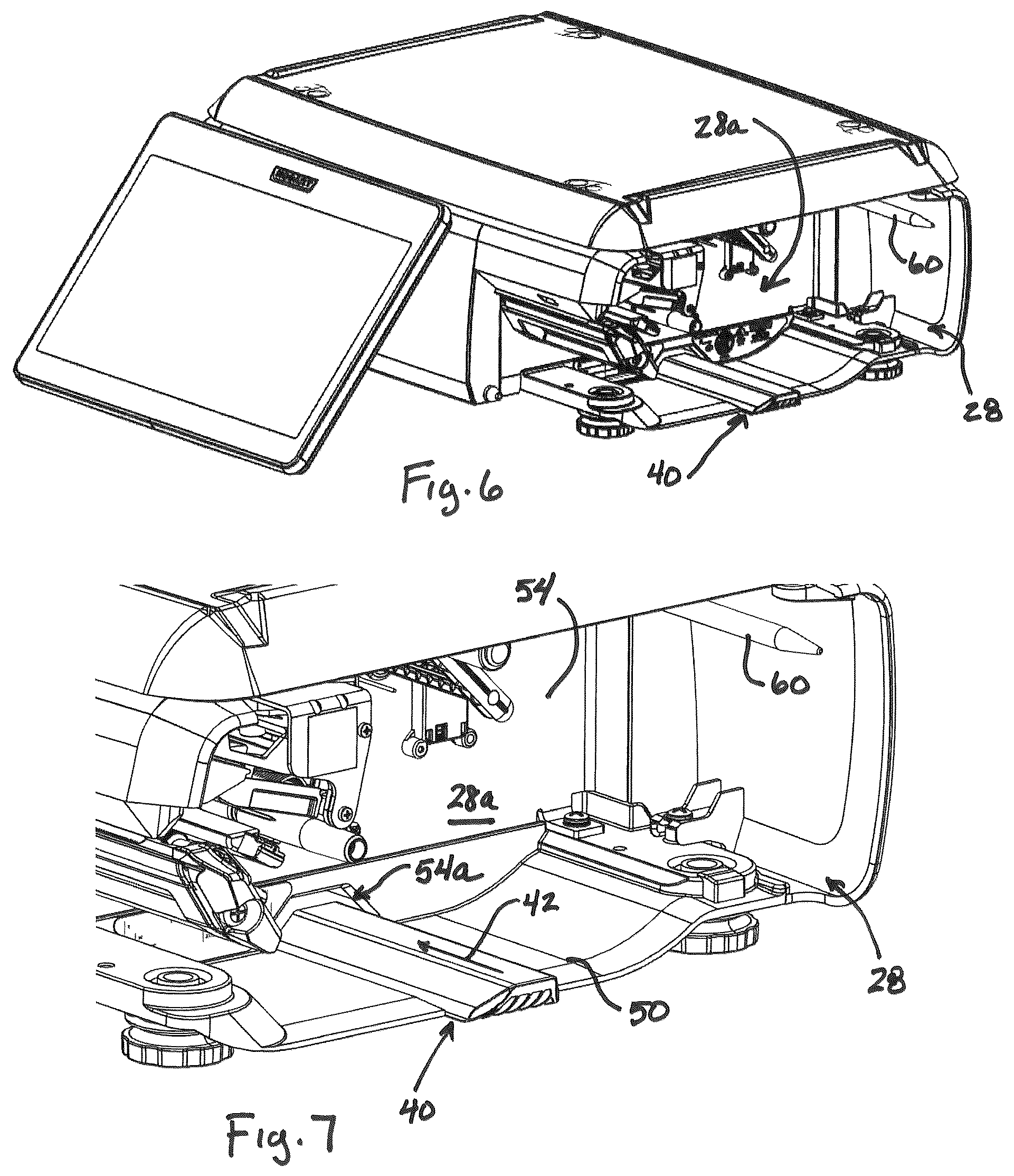 Patent US12576653 Figure 4 – Food product scale and associated label cassette with cassette load features