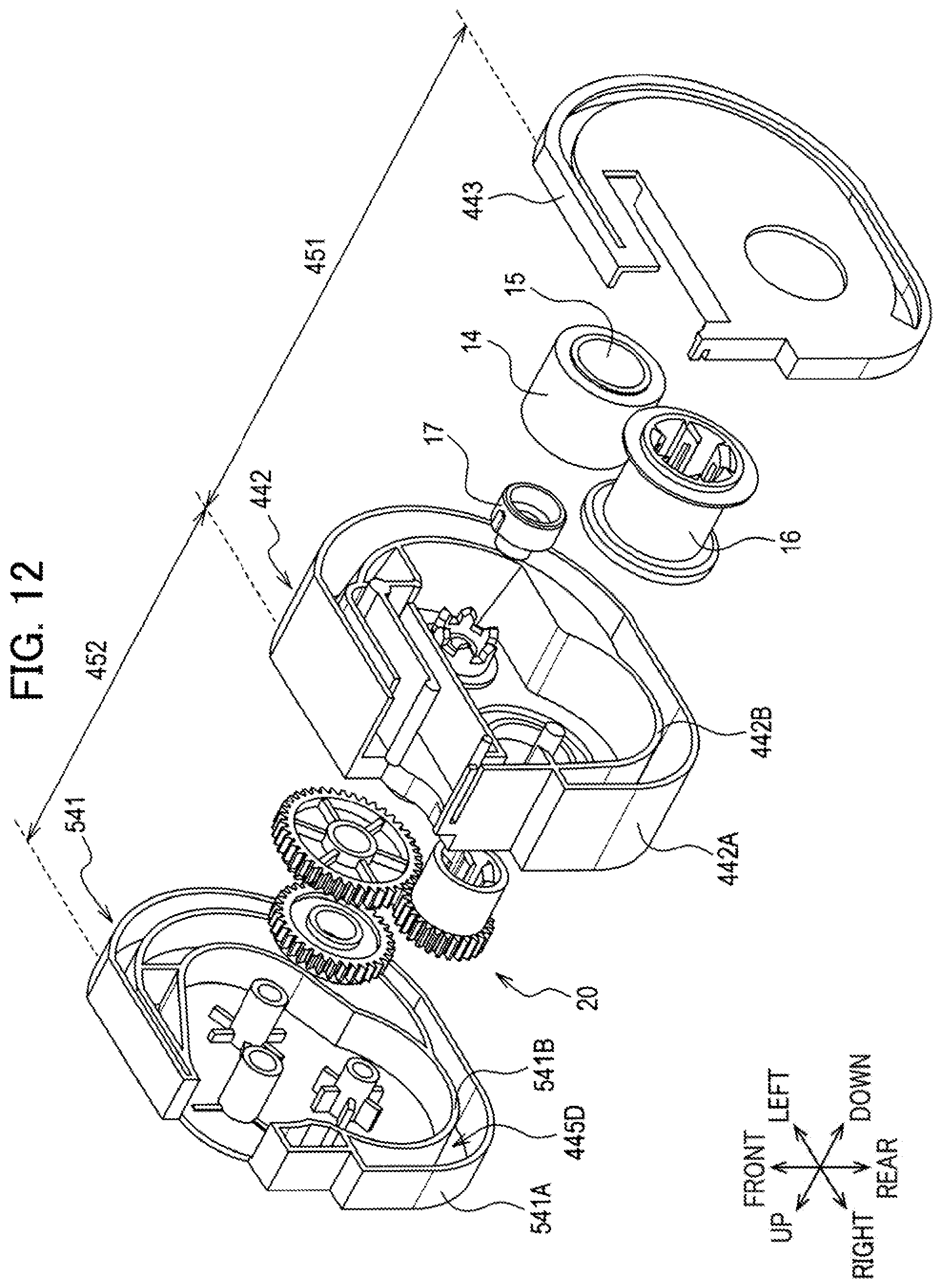 Patent US12576656 Figure 12 – Auxiliary tape cassette including auxiliary tape, gear, and case that accommodates therein at least a part of auxiliary tape and at least a part of gear