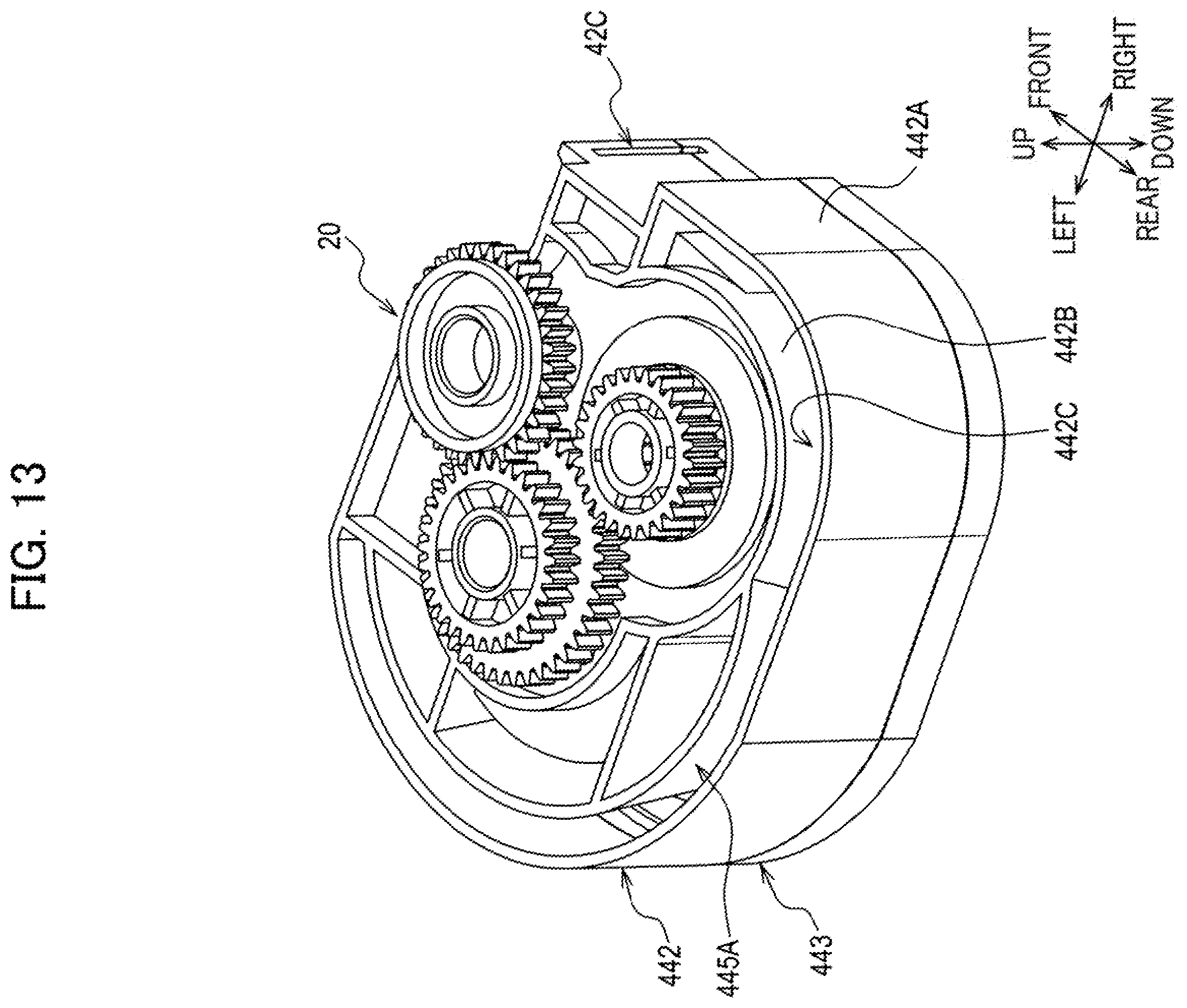 Patent US12576656 Figure 13 – Auxiliary tape cassette including auxiliary tape, gear, and case that accommodates therein at least a part of auxiliary tape and at least a part of gear