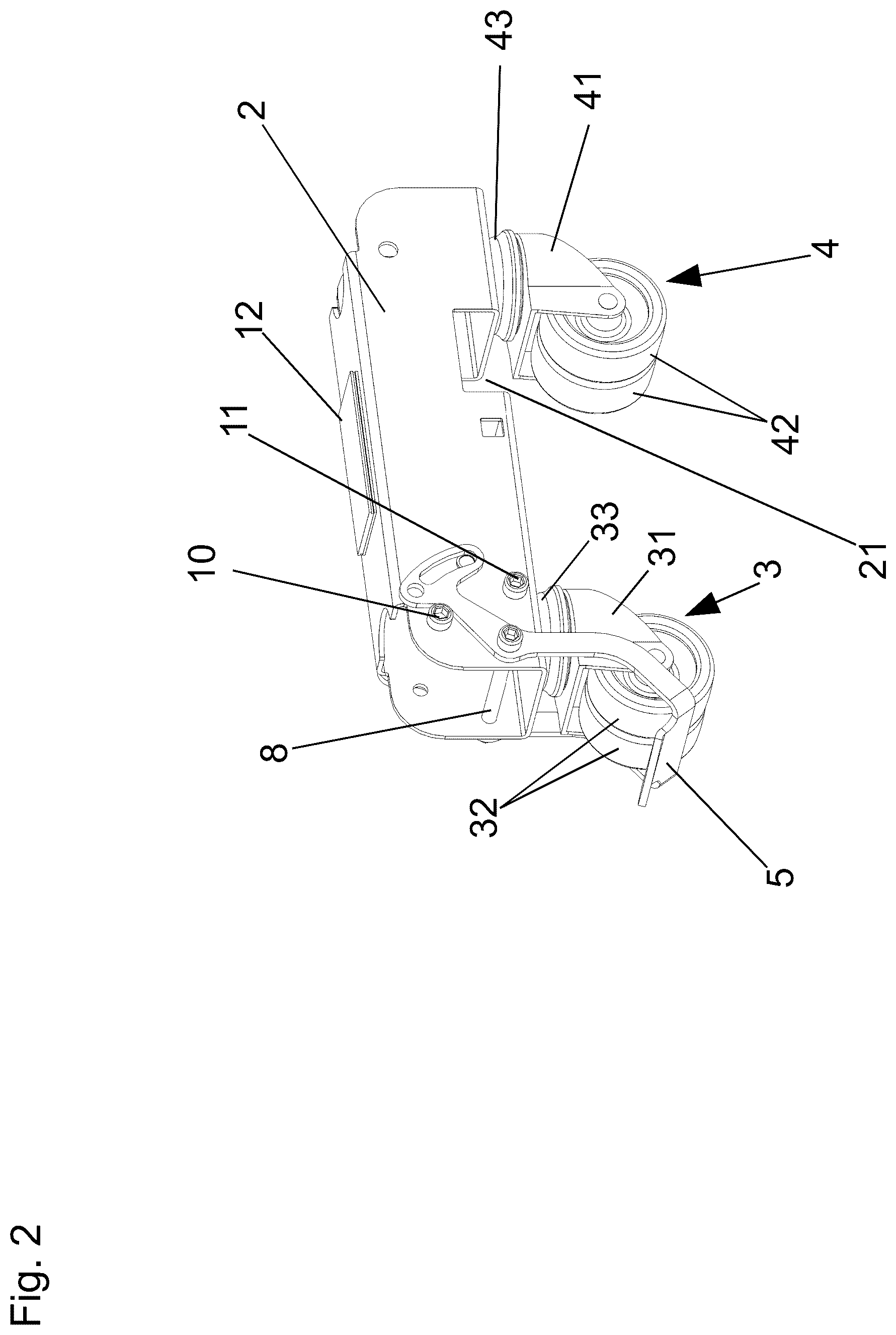 Patent US12576672 Figure 2 – Swivel castor arrangement for a piece of furniture and a bed with the swivel castor arrangement