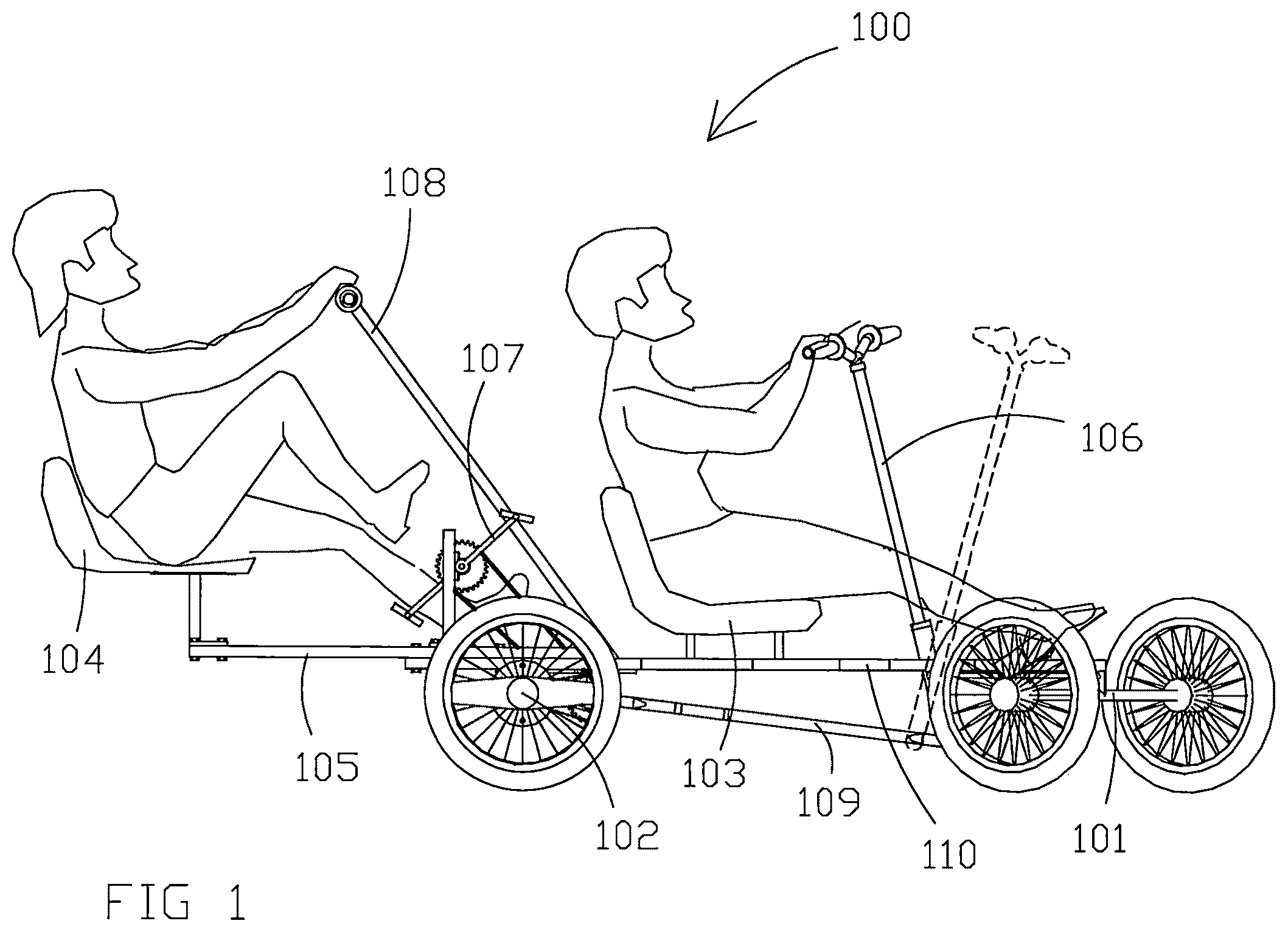 Patent US12576679 Figure 1 – Multiple-seat wagon propelled by simultaneously rowing and pedaling for use in water or land