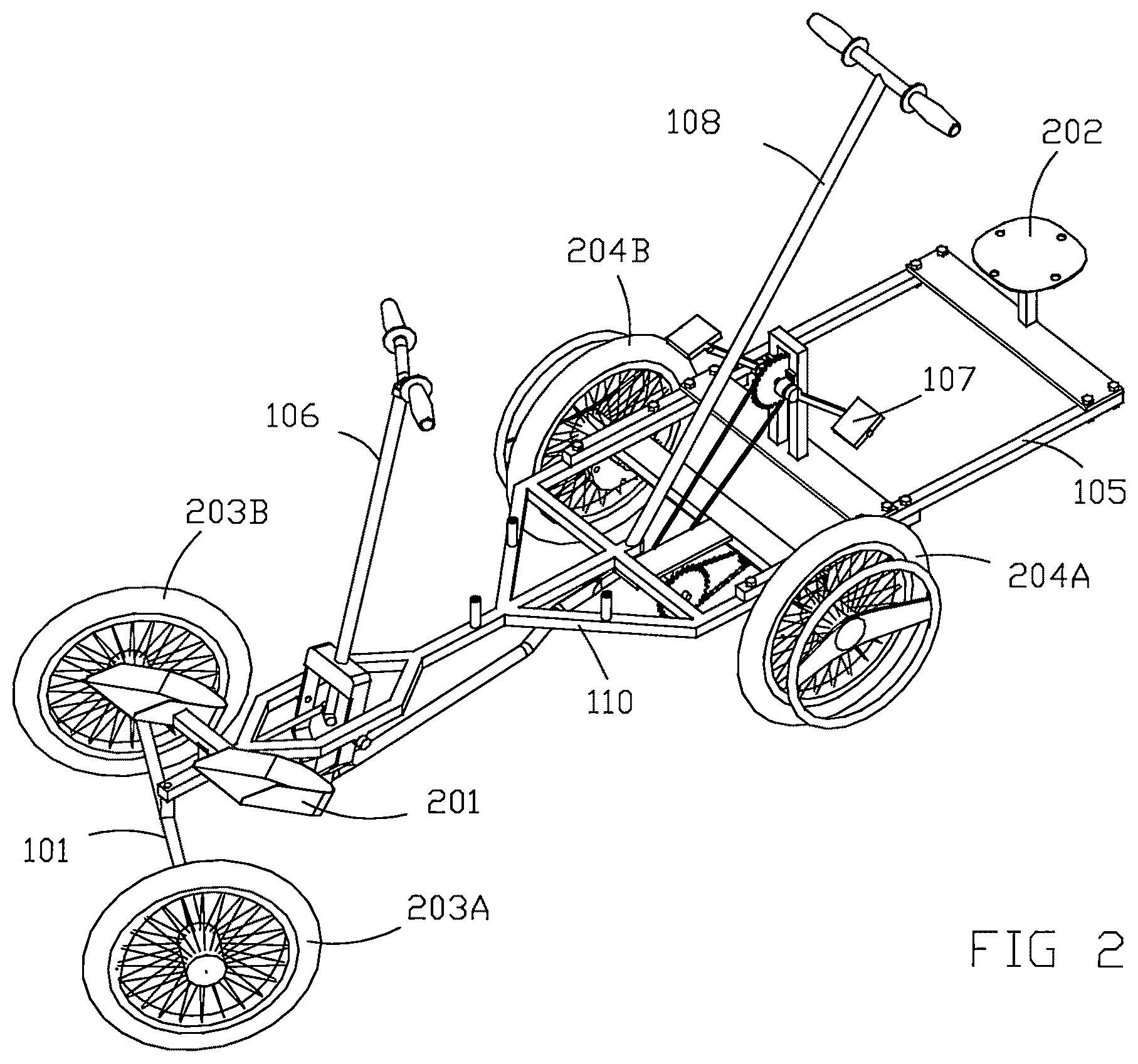 Patent US12576679 Figure 2 – Multiple-seat wagon propelled by simultaneously rowing and pedaling for use in water or land
