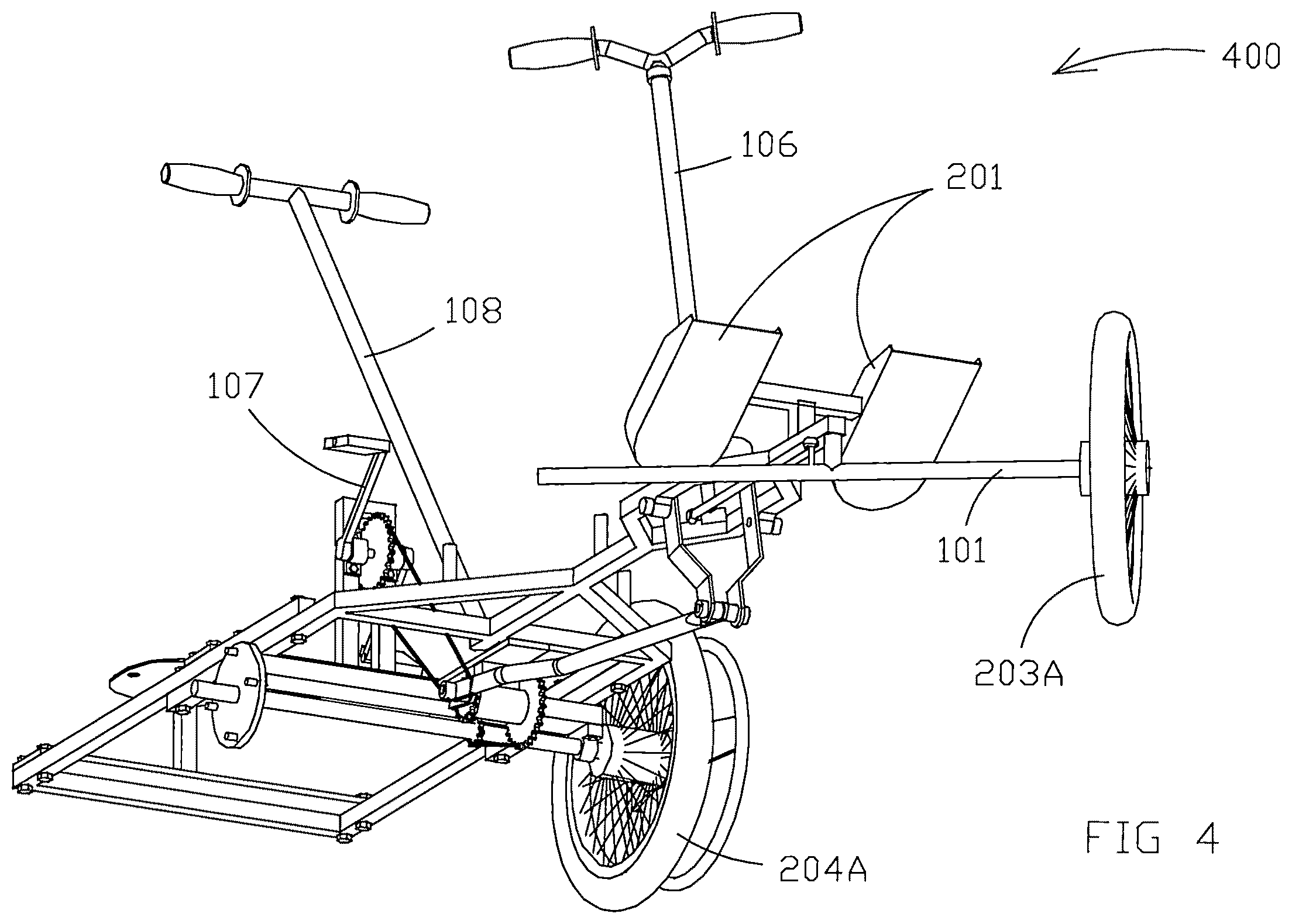 Patent US12576679 Figure 4 – Multiple-seat wagon propelled by simultaneously rowing and pedaling for use in water or land