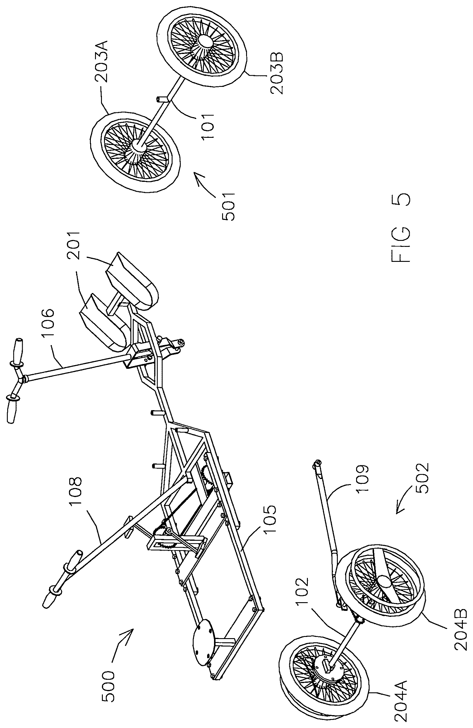 Patent US12576679 Figure 5 – Multiple-seat wagon propelled by simultaneously rowing and pedaling for use in water or land