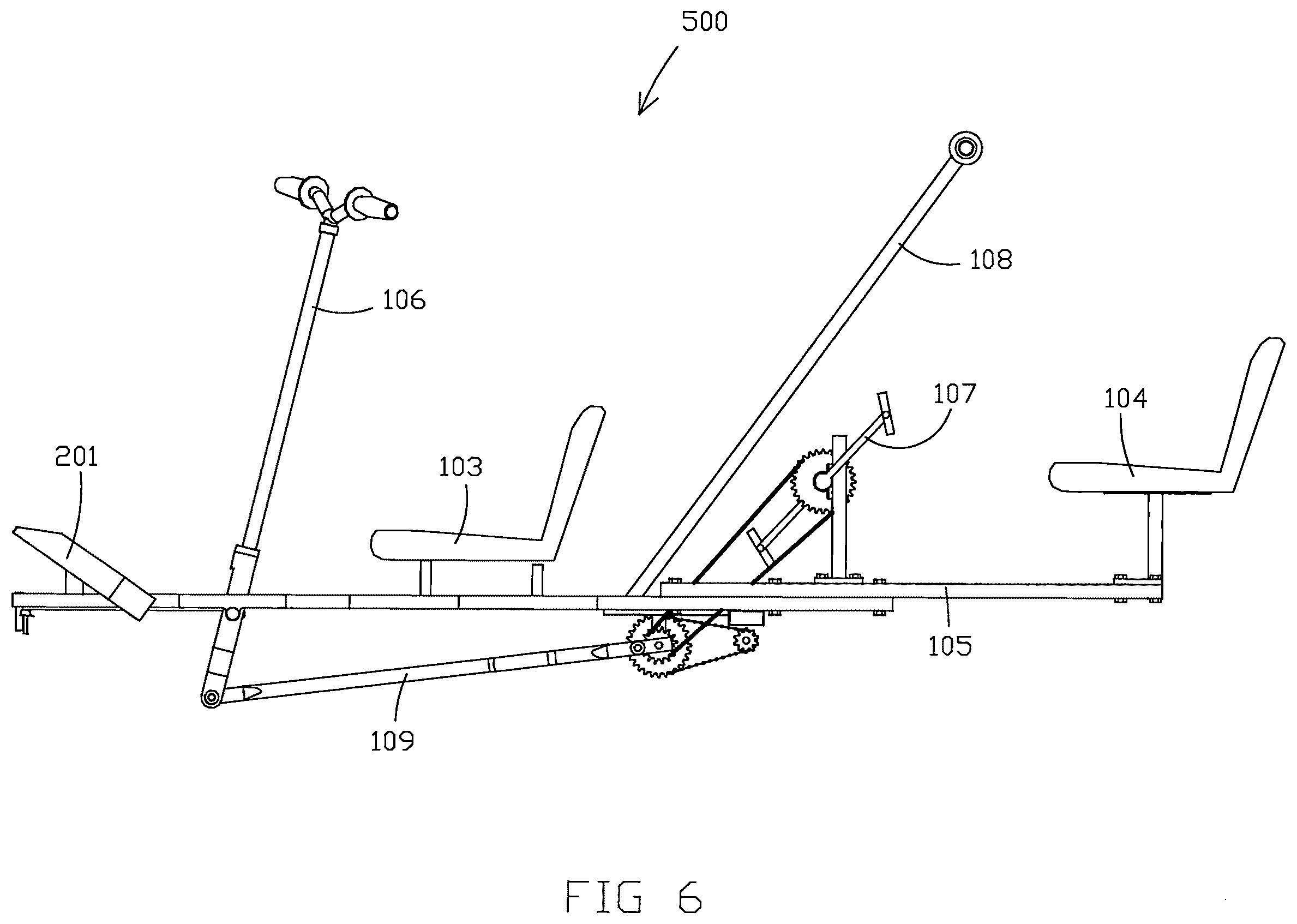 Patent US12576679 Figure 6 – Multiple-seat wagon propelled by simultaneously rowing and pedaling for use in water or land