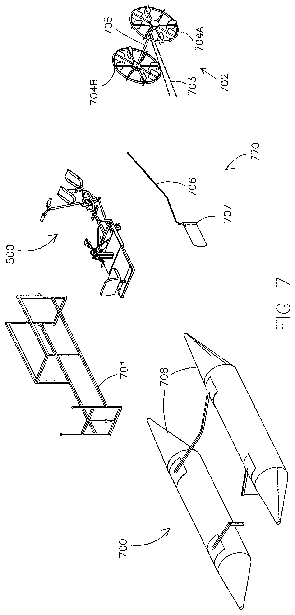 Patent US12576679 Figure 7 – Multiple-seat wagon propelled by simultaneously rowing and pedaling for use in water or land
