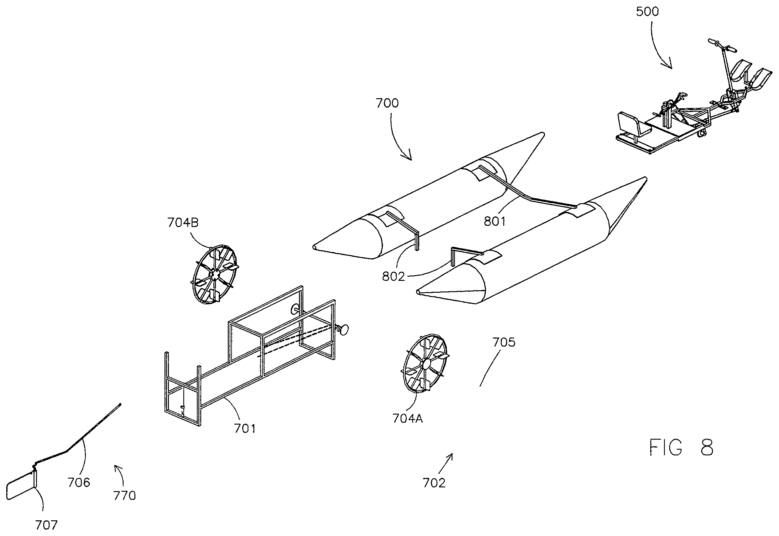 Patent US12576679 Figure 8 – Multiple-seat wagon propelled by simultaneously rowing and pedaling for use in water or land