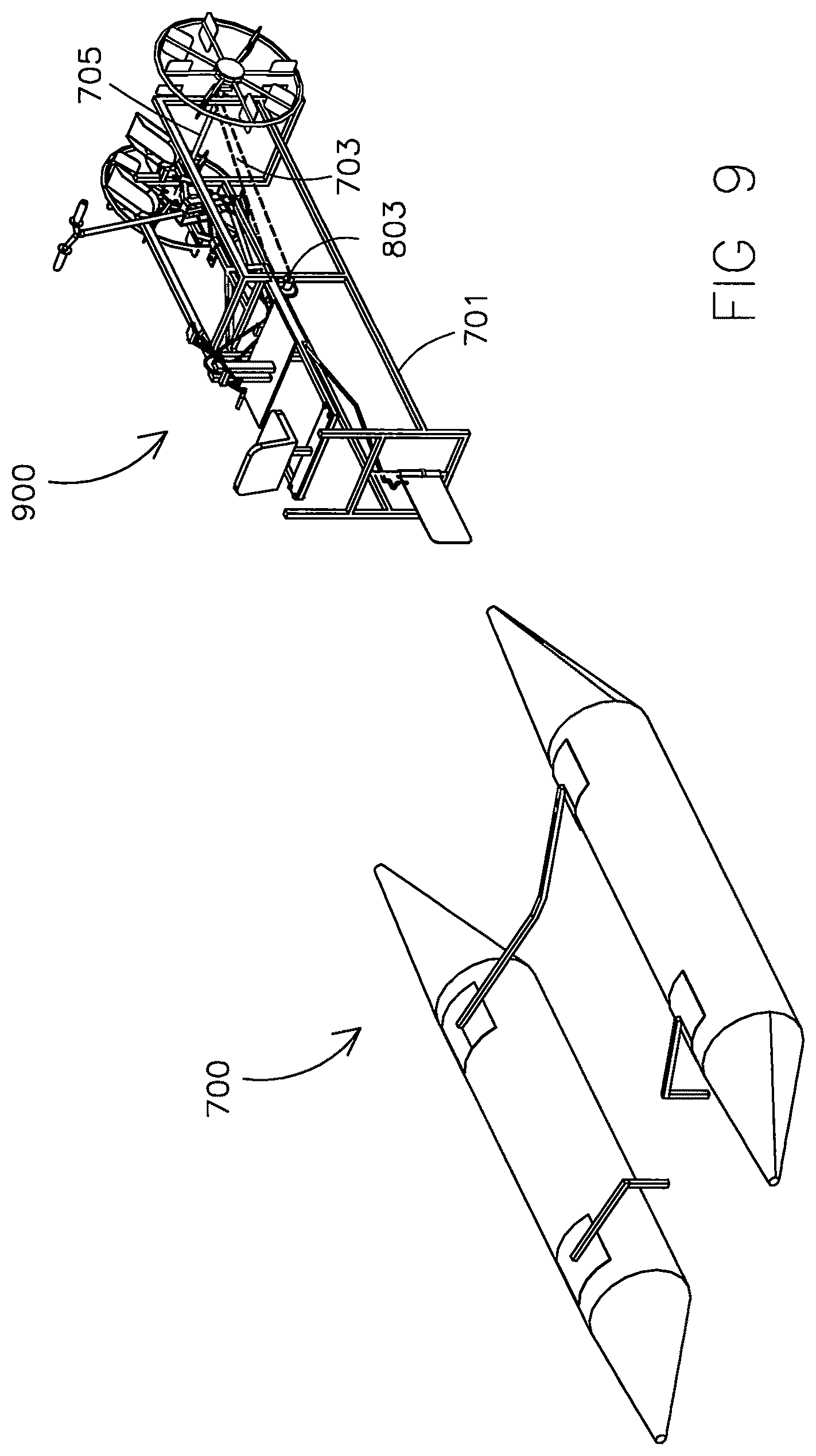 Patent US12576679 Figure 9 – Multiple-seat wagon propelled by simultaneously rowing and pedaling for use in water or land