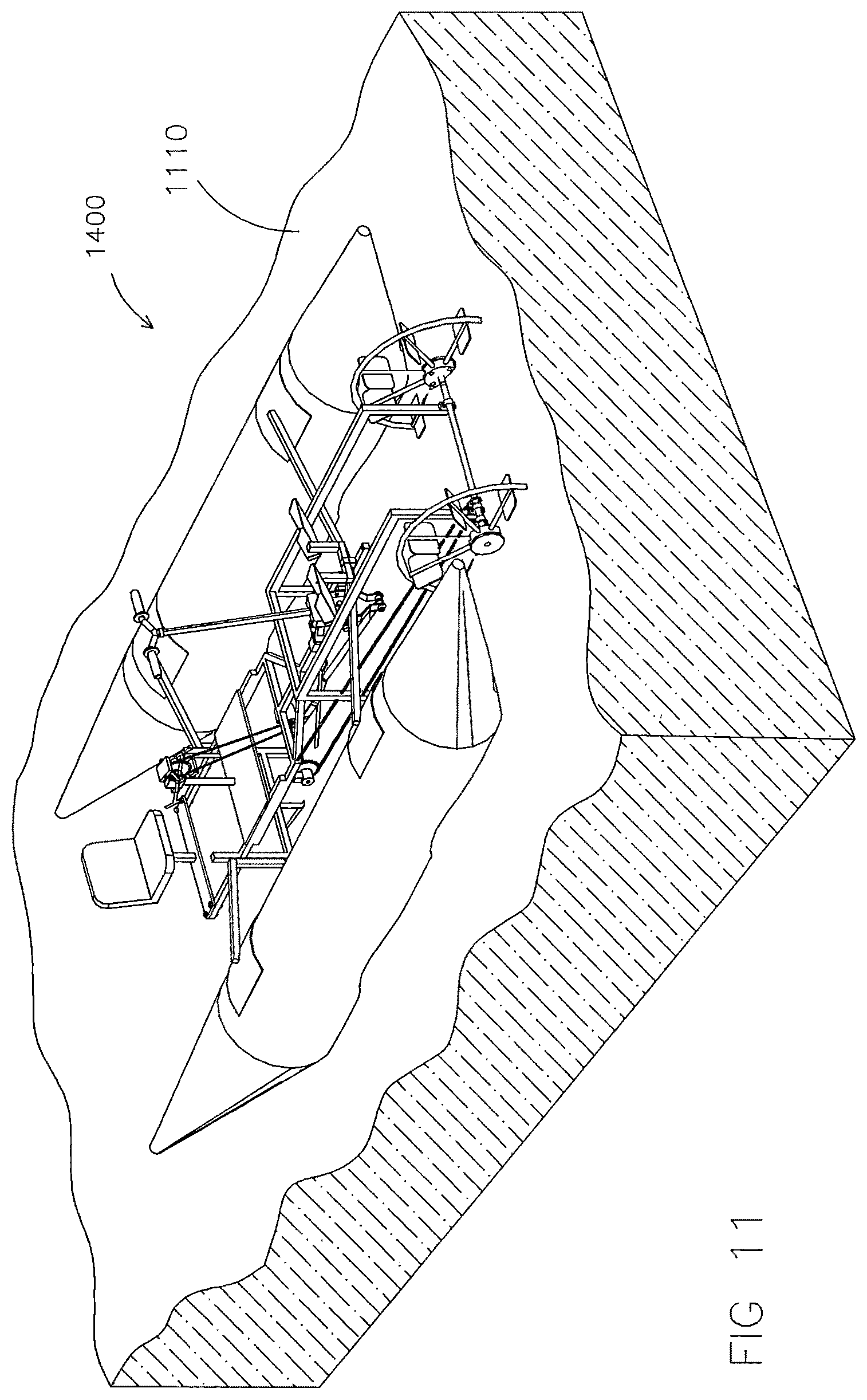 Patent US12576679 Figure 11 – Multiple-seat wagon propelled by simultaneously rowing and pedaling for use in water or land