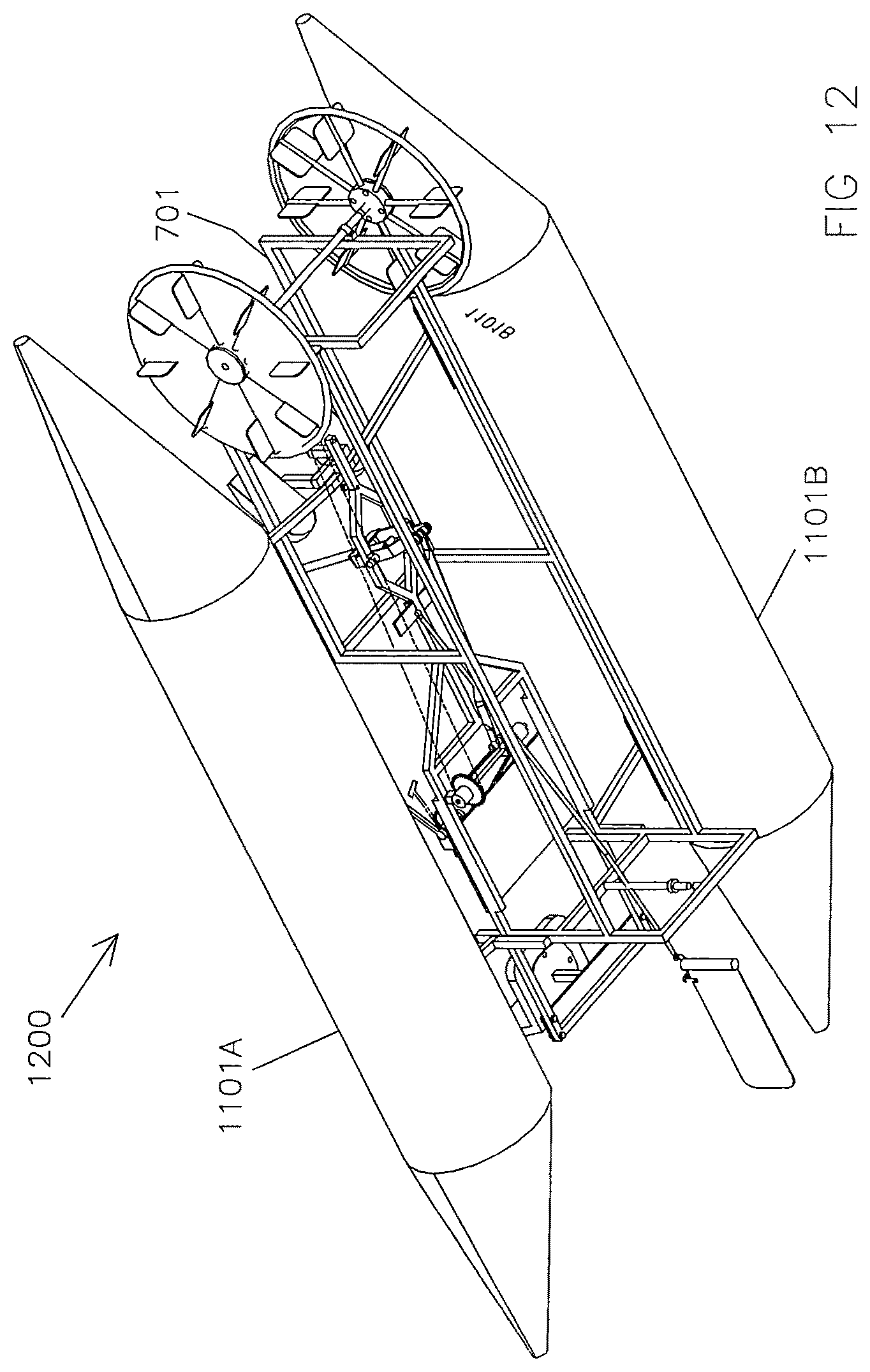 Patent US12576679 Figure 12 – Multiple-seat wagon propelled by simultaneously rowing and pedaling for use in water or land