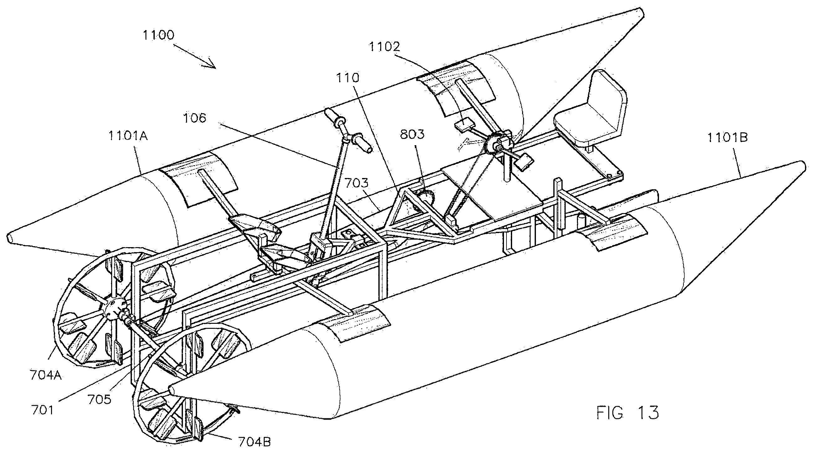 Patent US12576679 Figure 13 – Multiple-seat wagon propelled by simultaneously rowing and pedaling for use in water or land