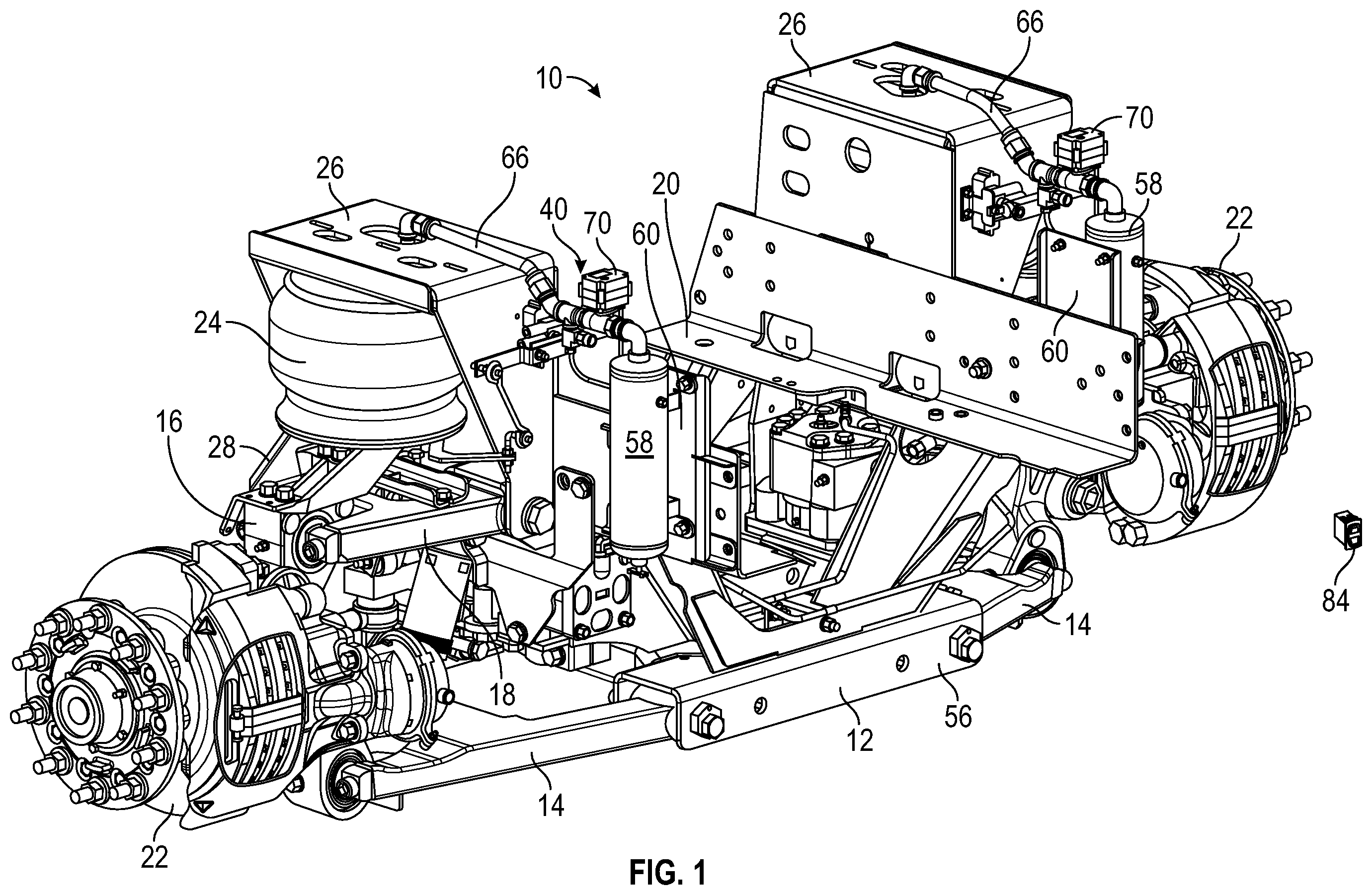 Patent US12576685 Figure 1 – Heavy duty vehicle suspension with user controlled pneumatic assist
