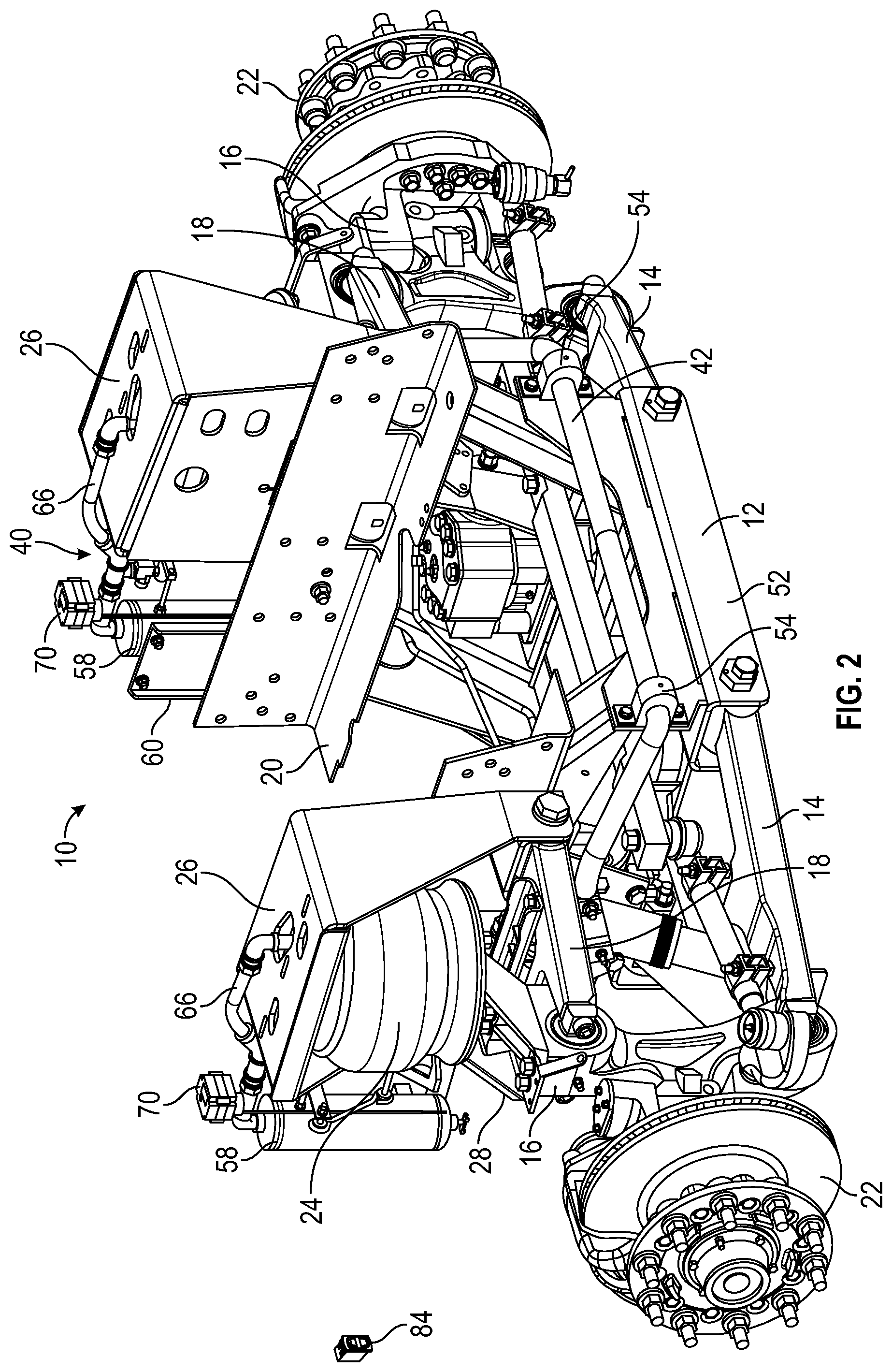 Patent US12576685 Figure 2 – Heavy duty vehicle suspension with user controlled pneumatic assist