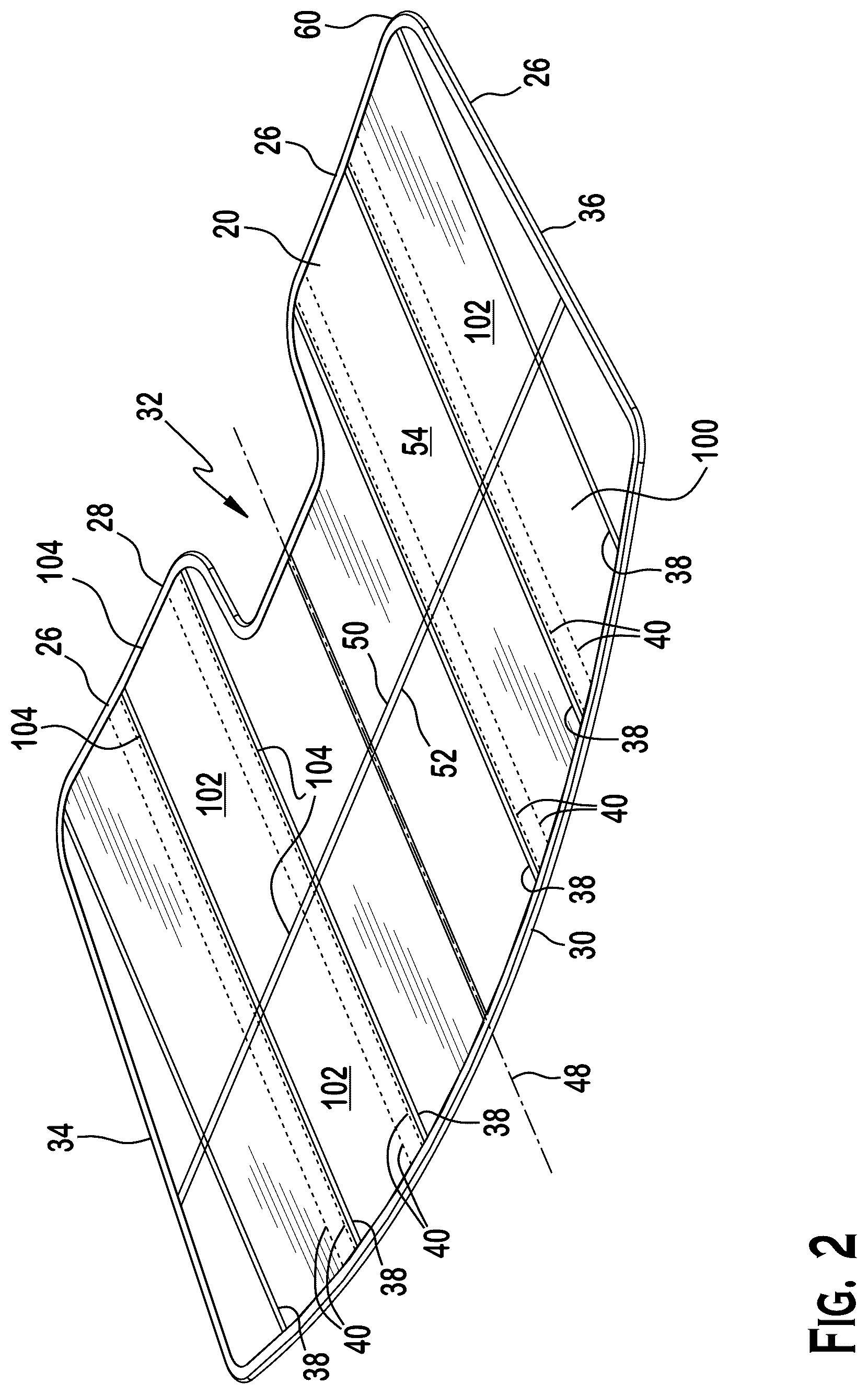 Patent US12576697 Figure 2 – Reinforcement element for sun shades, buckle resistant sun shades, sun shades for vehicles, and method of making same