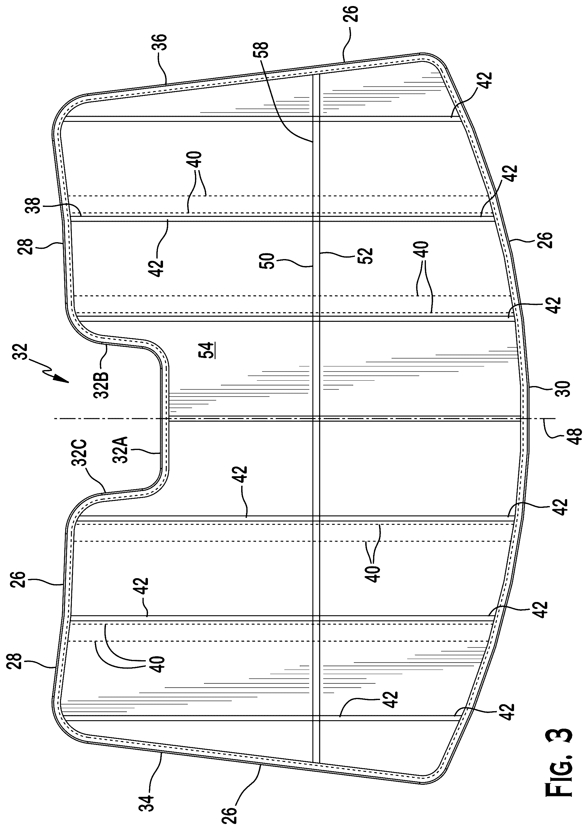 Patent US12576697 Figure 3 – Reinforcement element for sun shades, buckle resistant sun shades, sun shades for vehicles, and method of making same