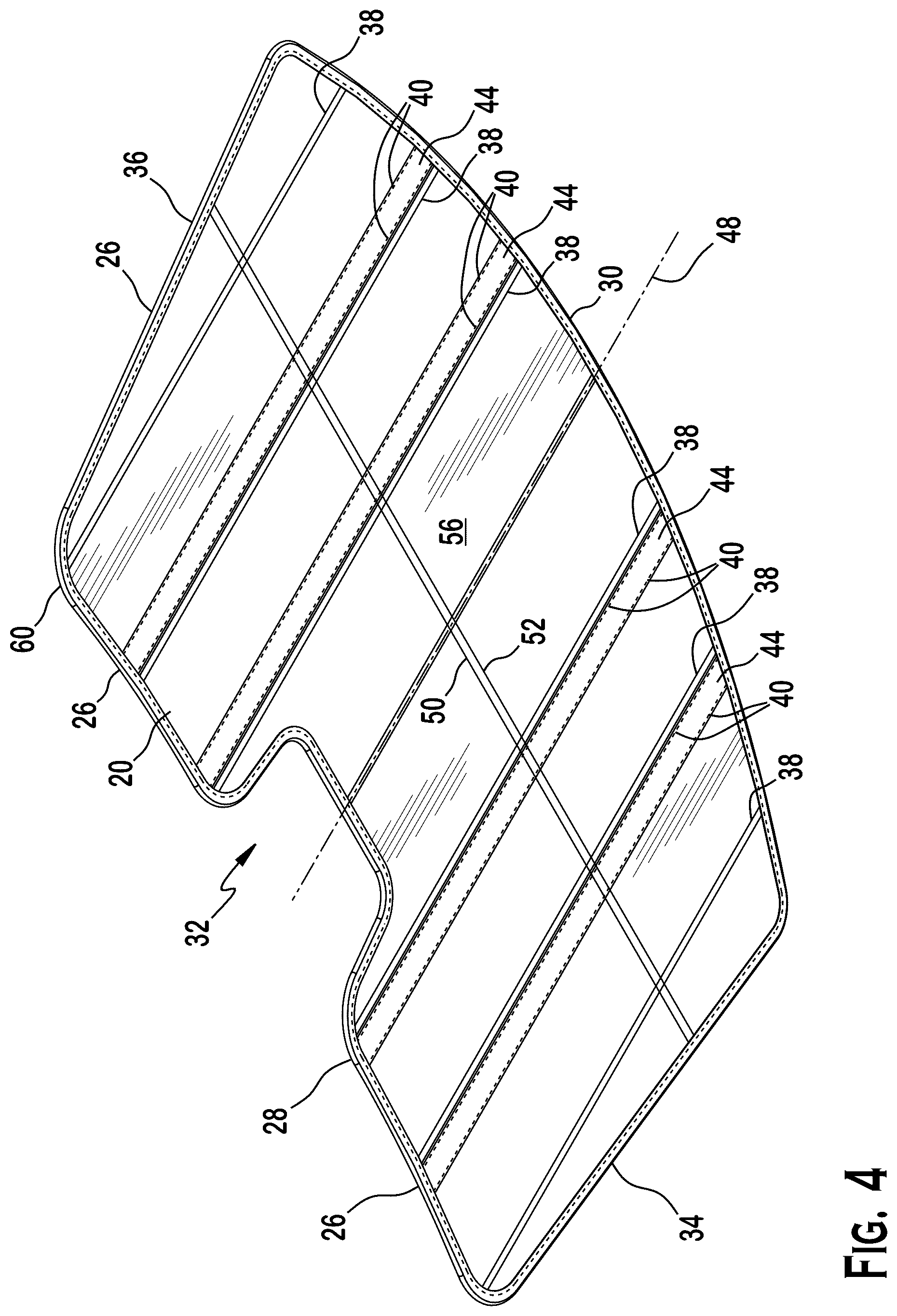 Patent US12576697 Figure 4 – Reinforcement element for sun shades, buckle resistant sun shades, sun shades for vehicles, and method of making same