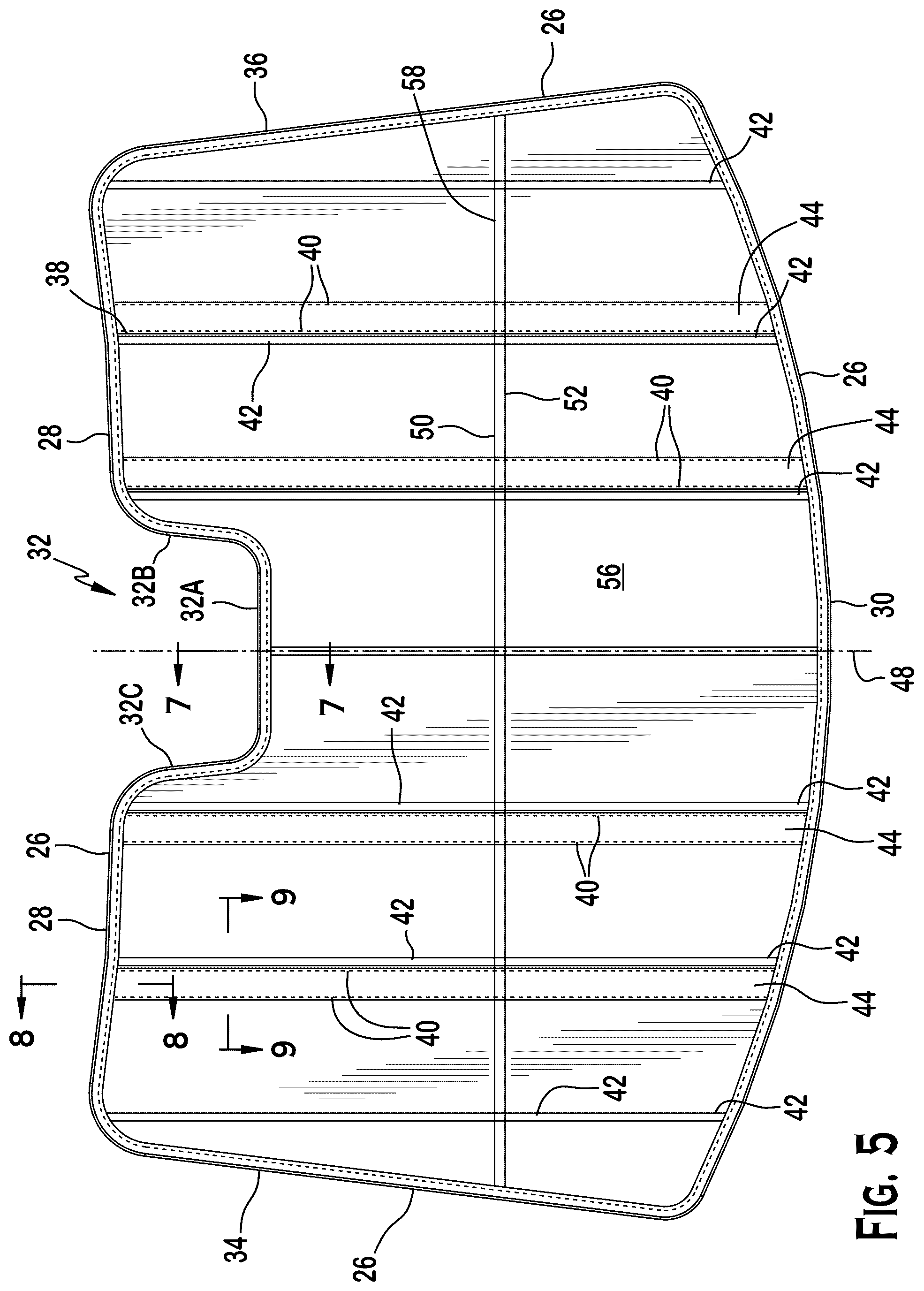 Patent US12576697 Figure 5 – Reinforcement element for sun shades, buckle resistant sun shades, sun shades for vehicles, and method of making same