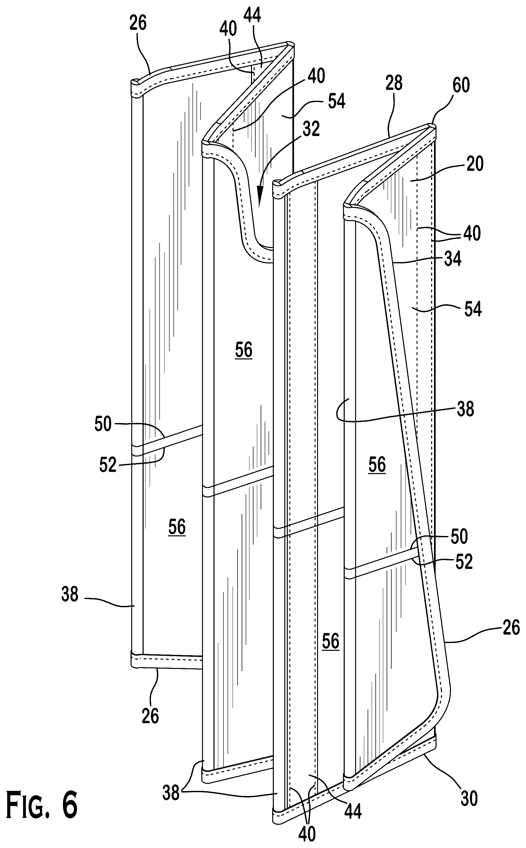Patent US12576697 Figure 6 – Reinforcement element for sun shades, buckle resistant sun shades, sun shades for vehicles, and method of making same