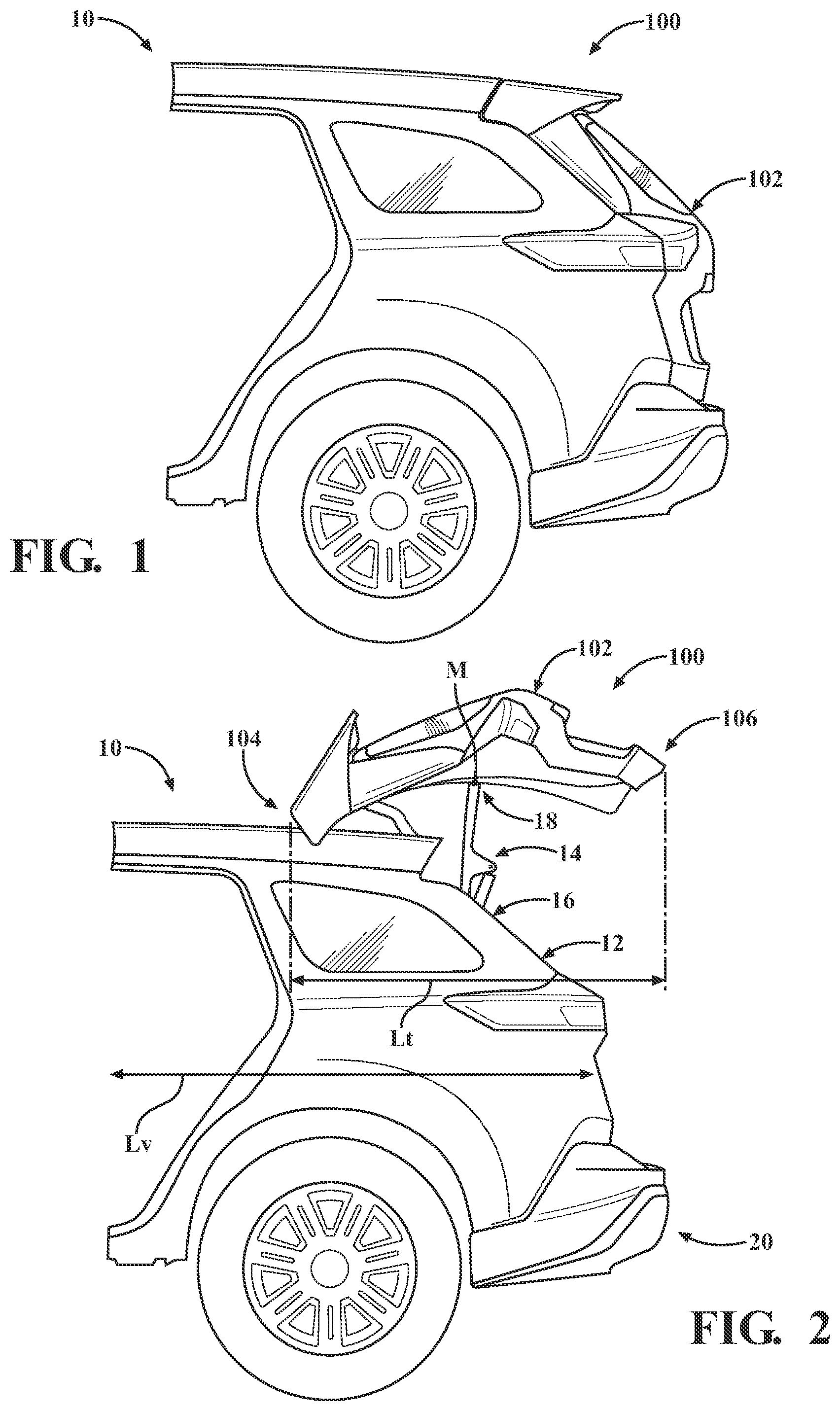 Patent US12576700 Figure 1 – Retractable shields for vehicle tailgates