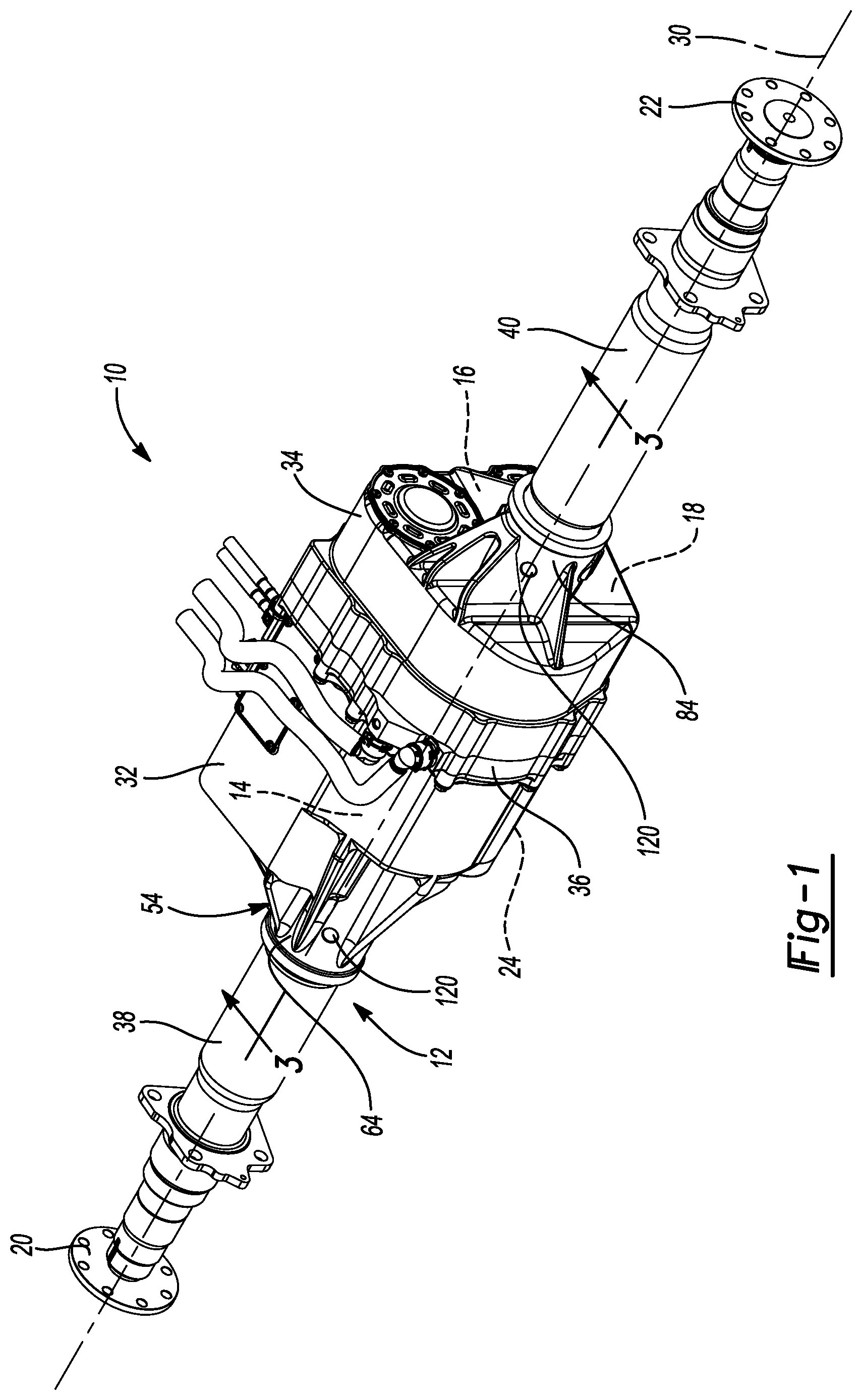Patent US12576703 Figure 1 – Electric drive unit with motor assembly isolated from beaming loads transmitted through housing assembly