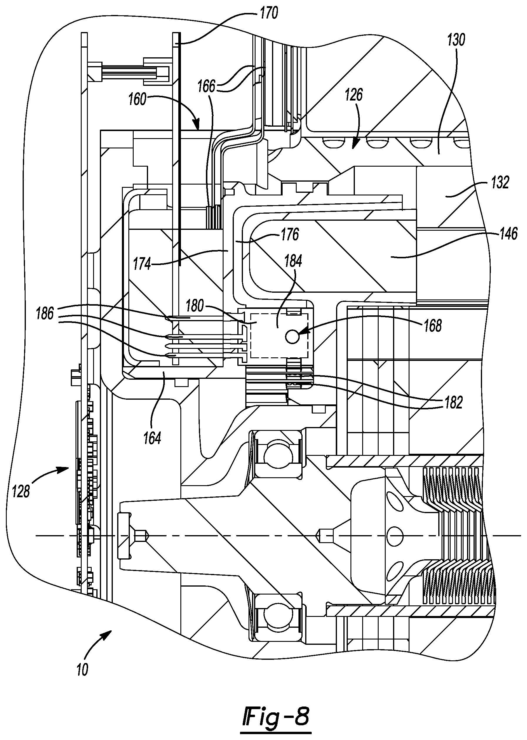 Patent US12576703 Figure 8 – Electric drive unit with motor assembly isolated from beaming loads transmitted through housing assembly