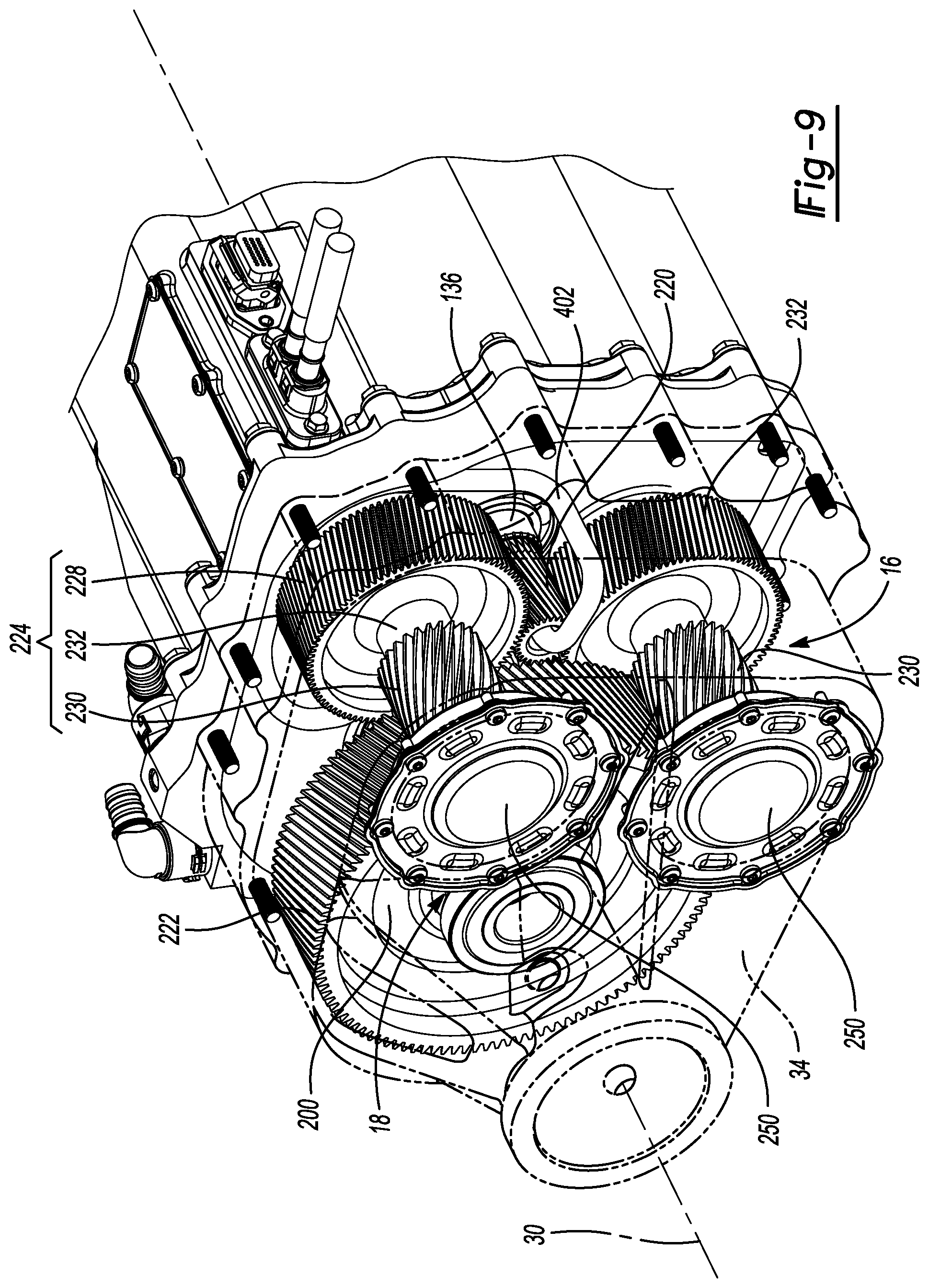 Patent US12576703 Figure 9 – Electric drive unit with motor assembly isolated from beaming loads transmitted through housing assembly