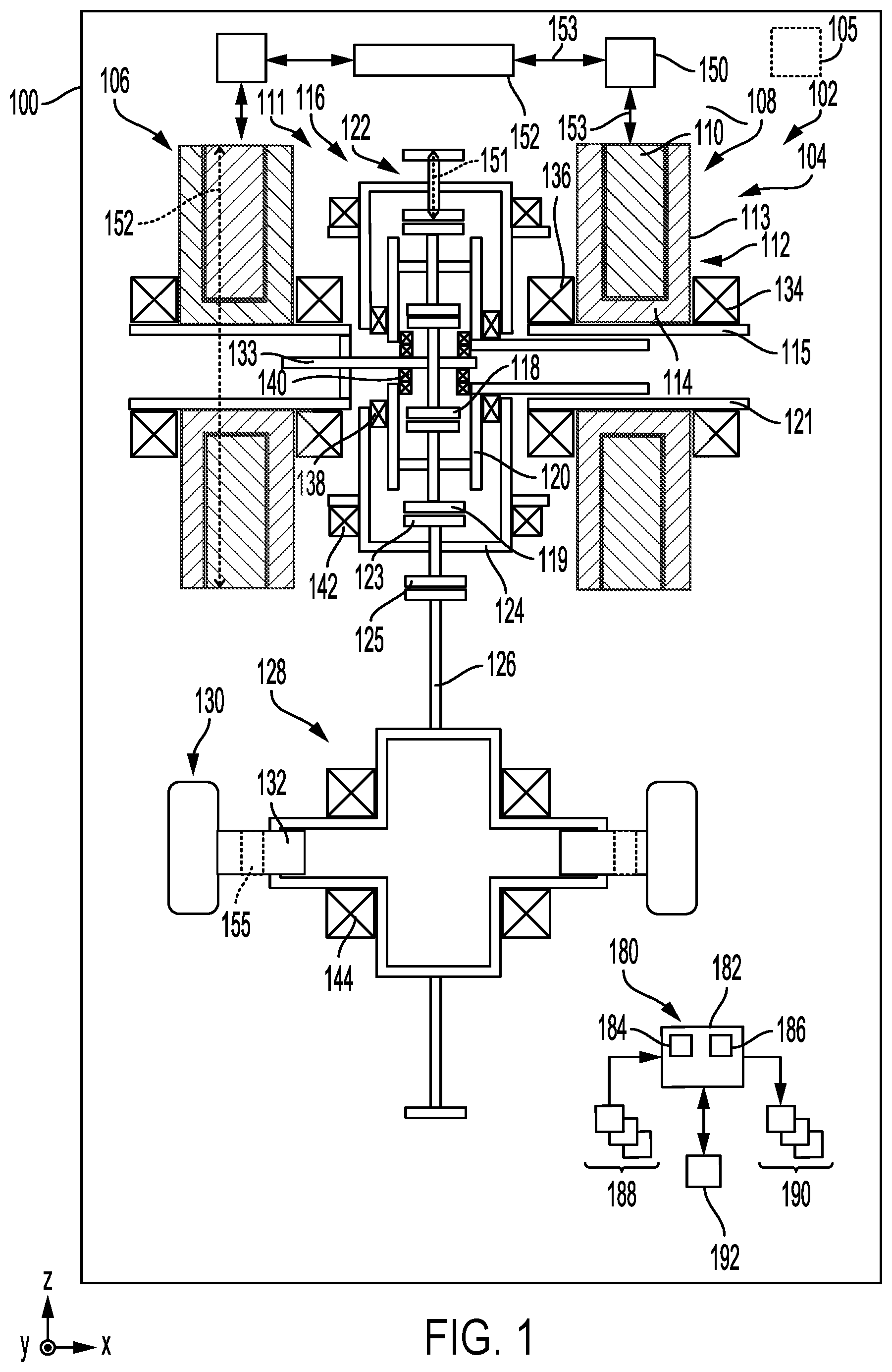 Patent US12576708 Figure 1 – Electric axle with compact electric machine and gearbox arrangement