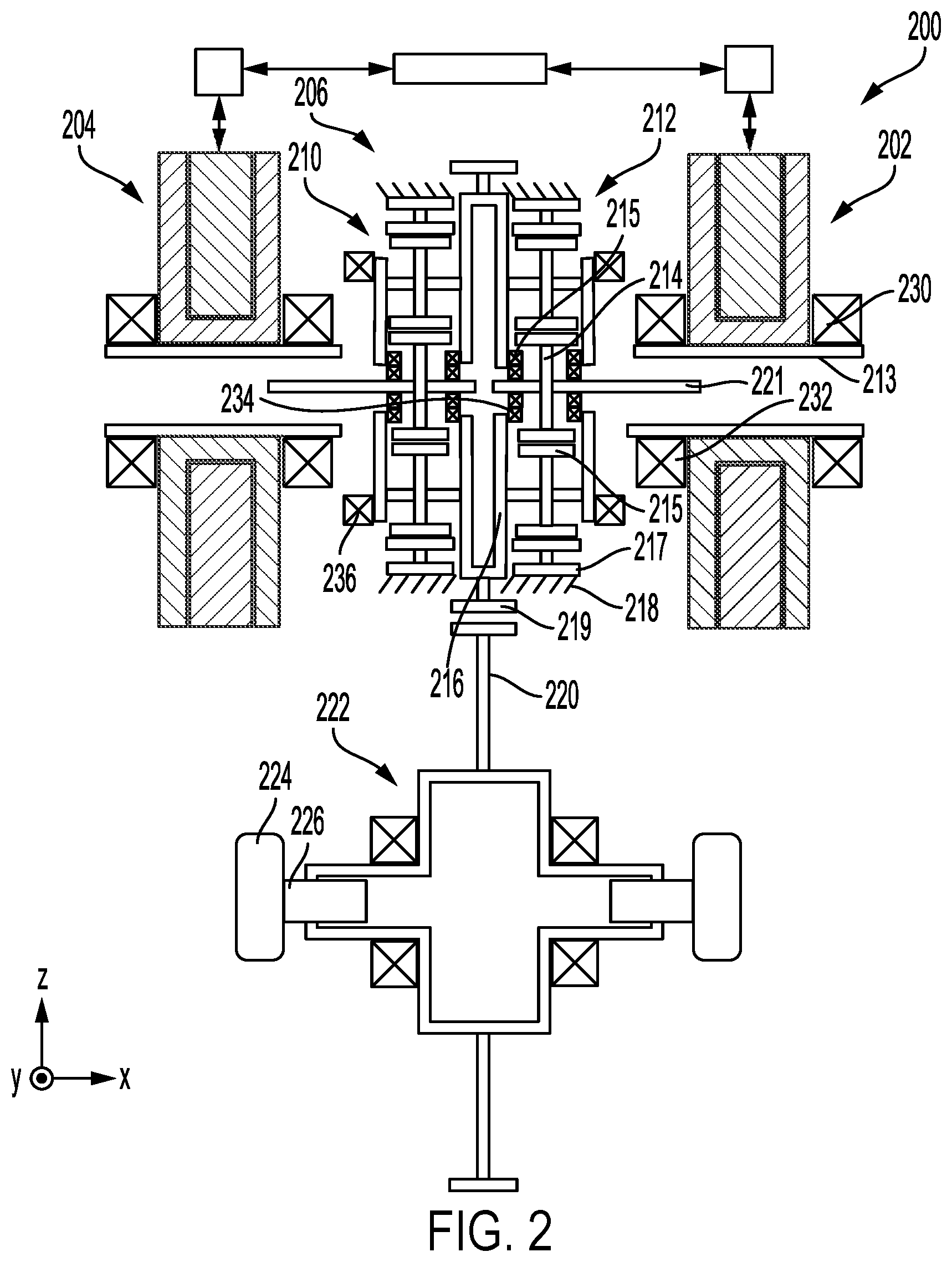Patent US12576708 Figure 2 – Electric axle with compact electric machine and gearbox arrangement
