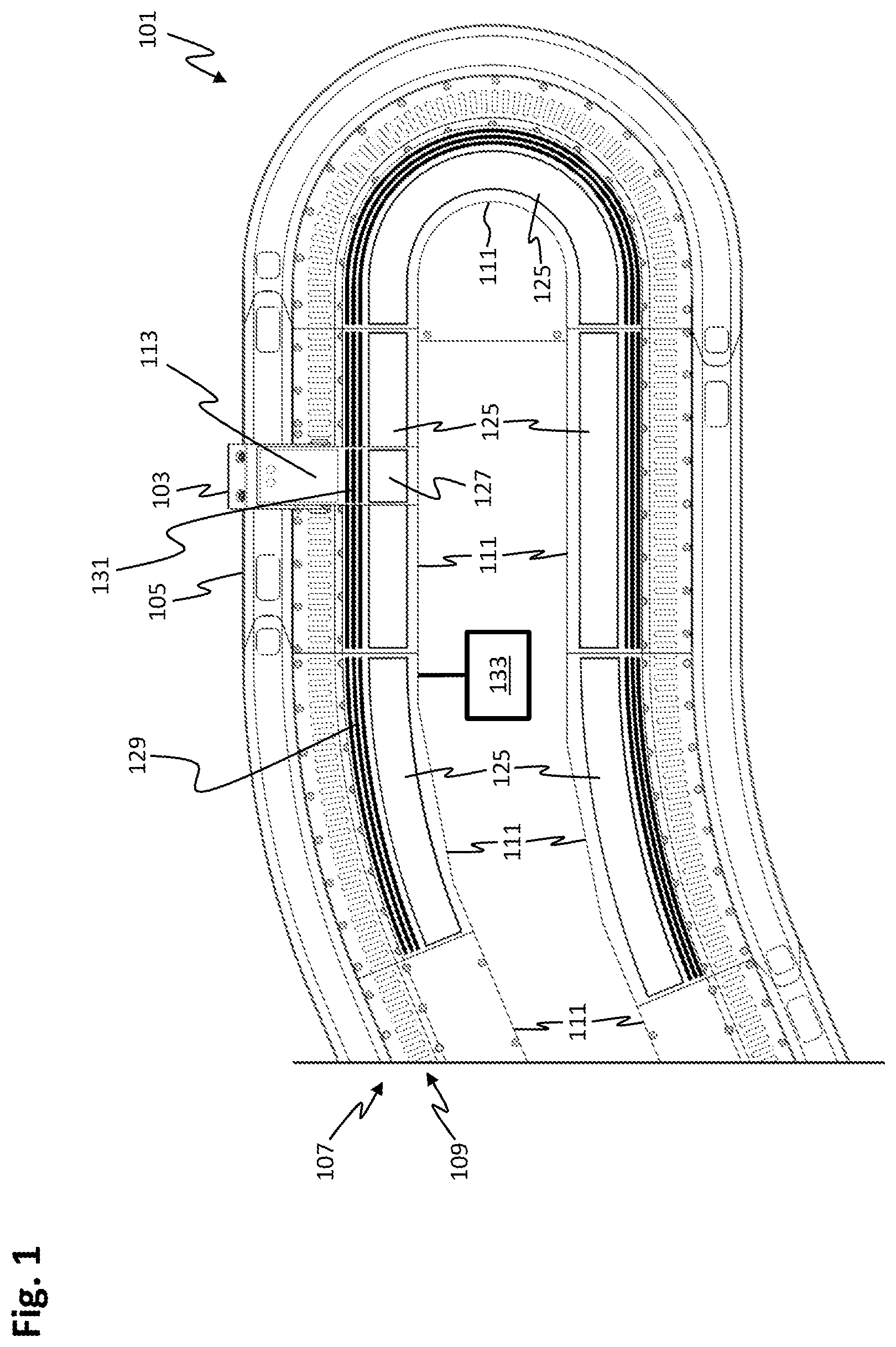 Patent US12576722 Figure 1 – Energy transmission in a linear transport system