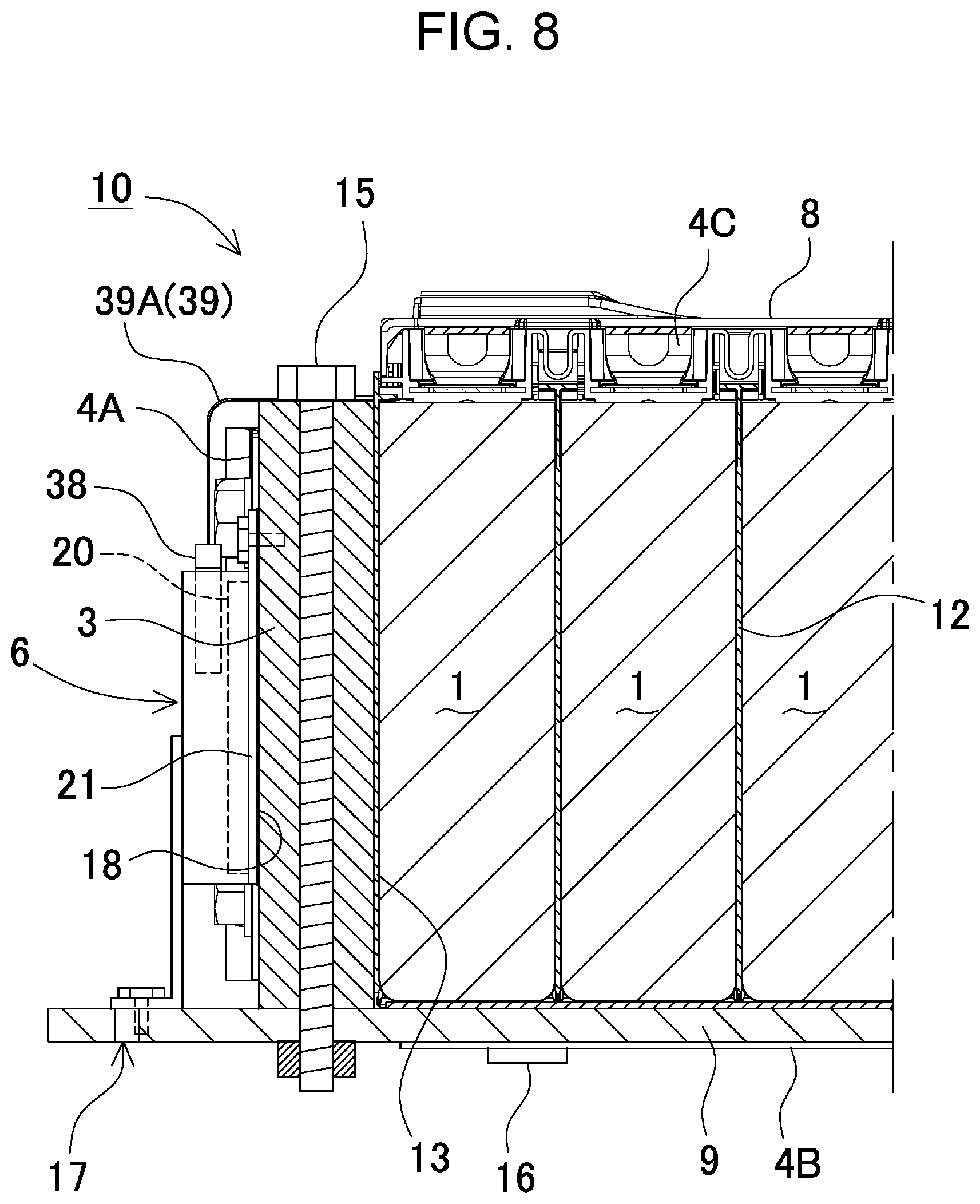 Patent US12576729 Figure 8 – Battery module, power supply device comprising battery module, and electric vehicle and power storage device comprising power supply device
