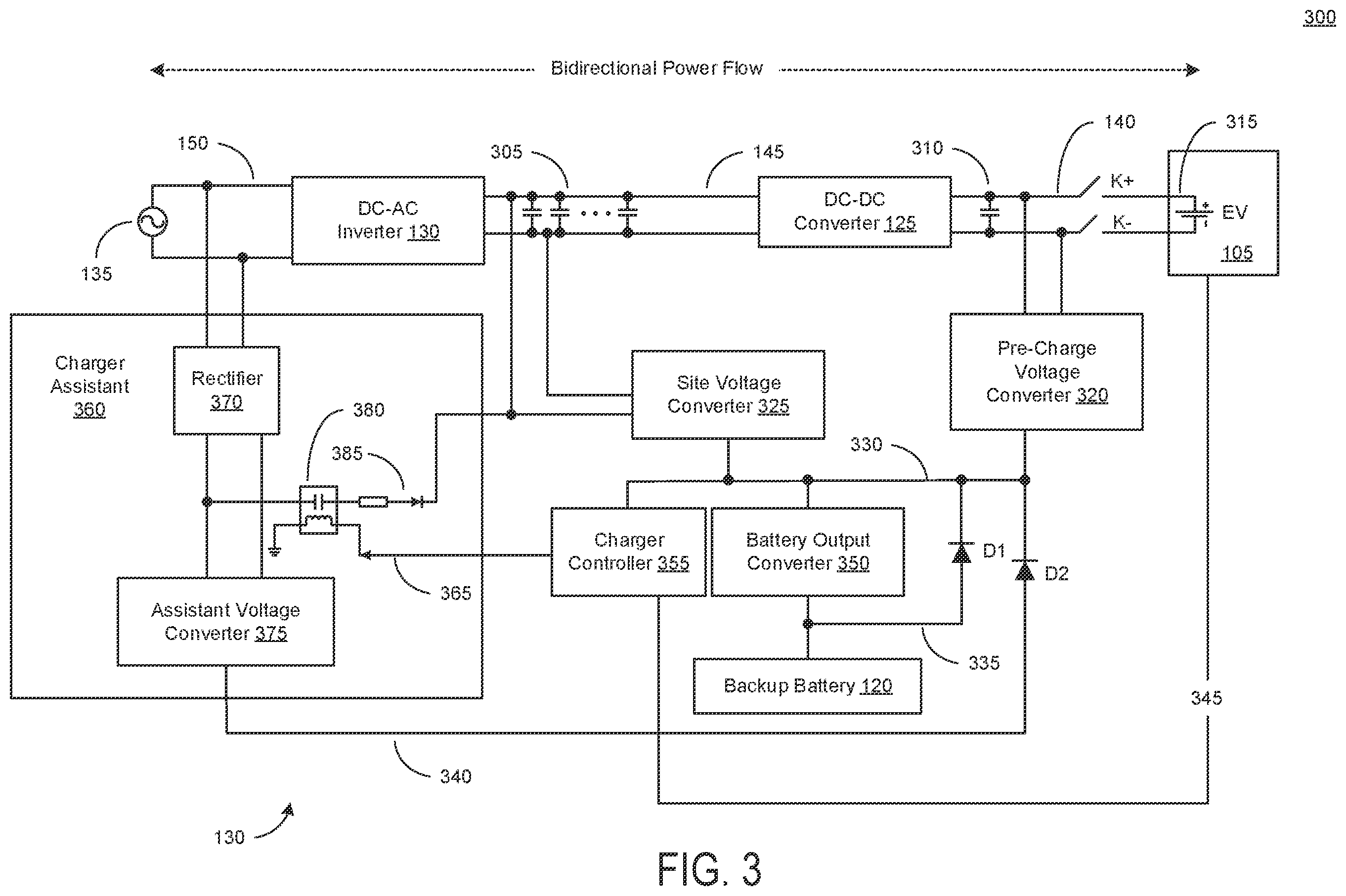 Patent US12576732 Figure 3 – Power transmission between electric vehicle battery and alternating-current power system