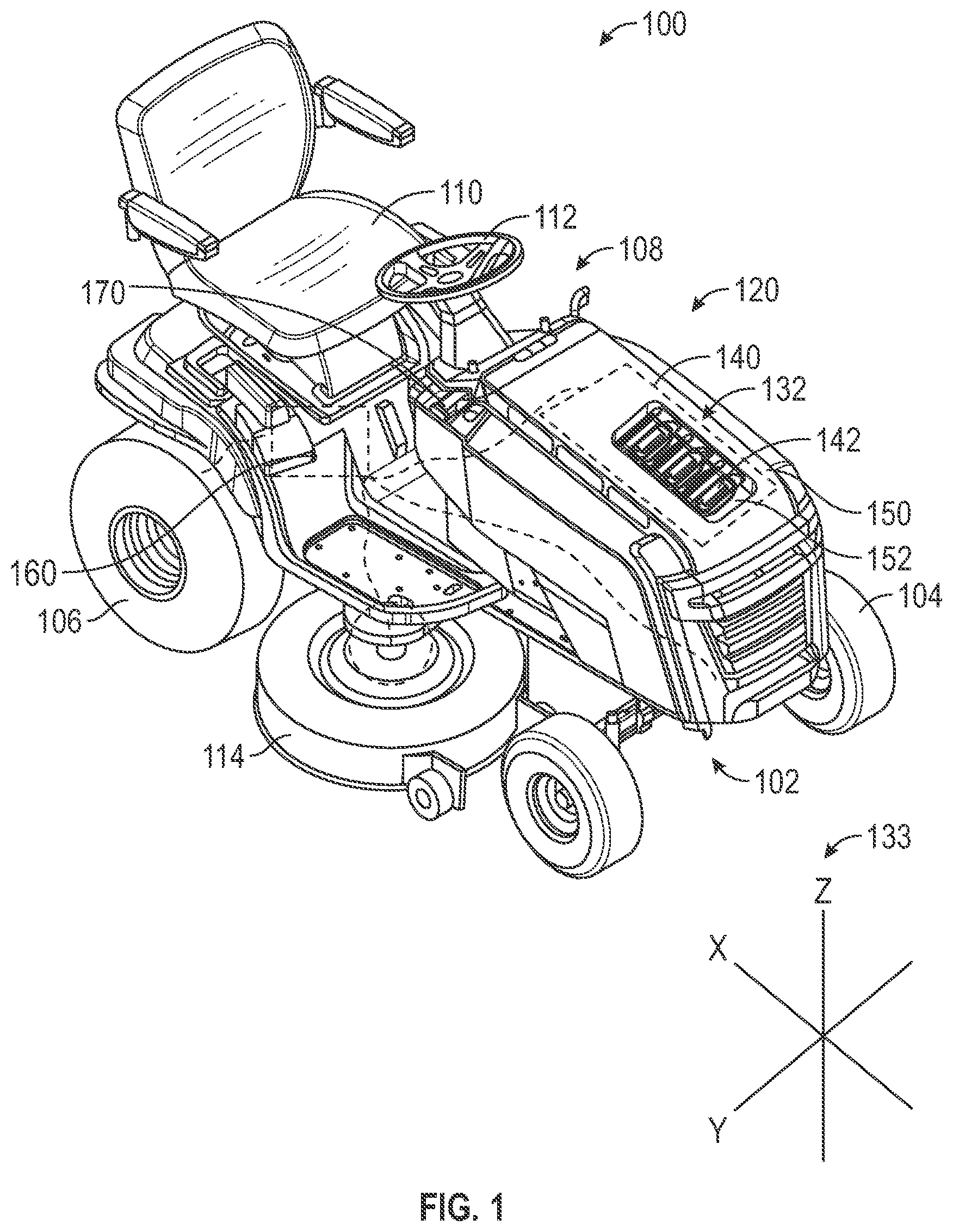 Patent US12576746 Figure 1 – Lawn tractor with removable battery packs