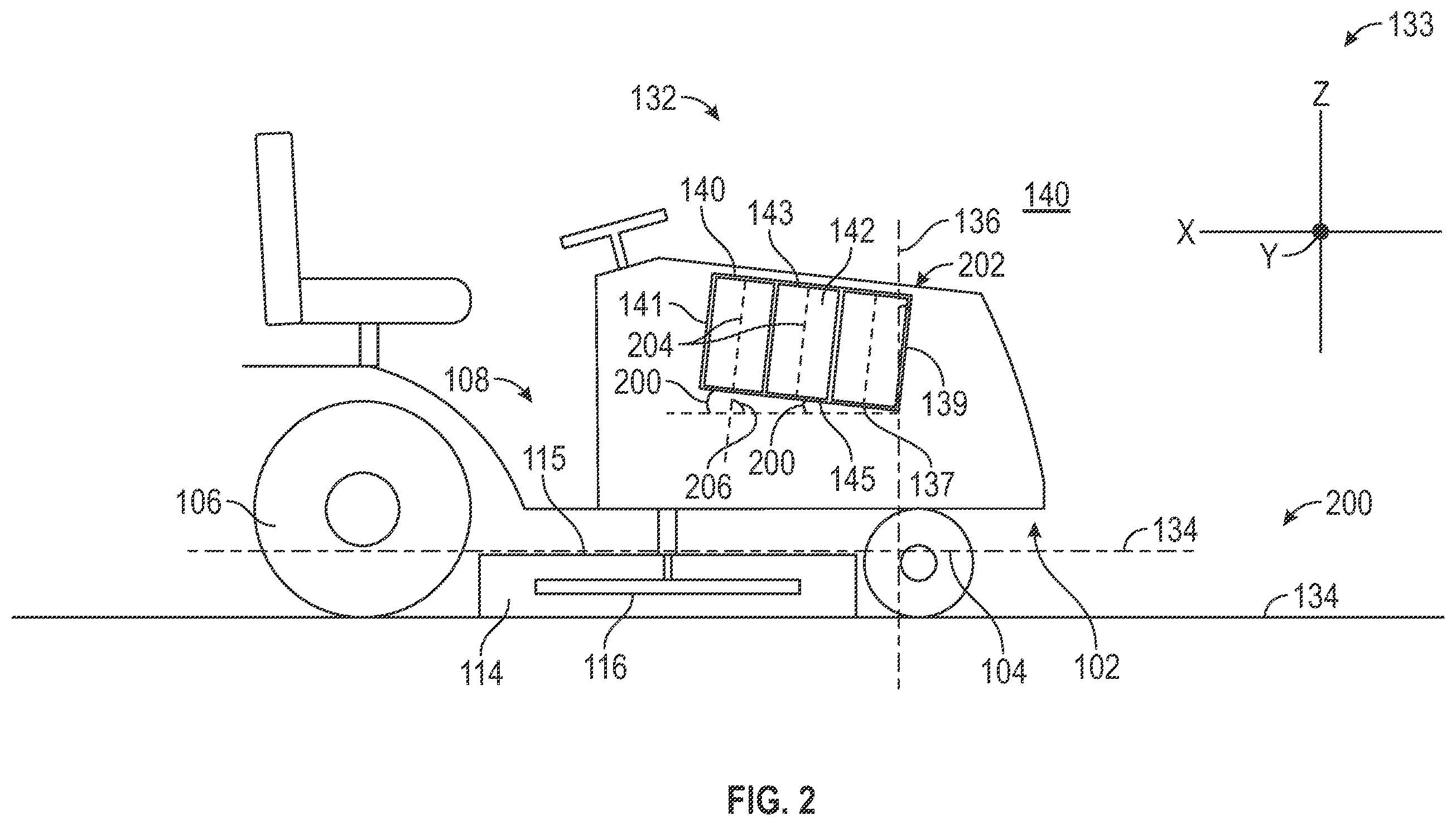 Patent US12576746 Figure 2 – Lawn tractor with removable battery packs