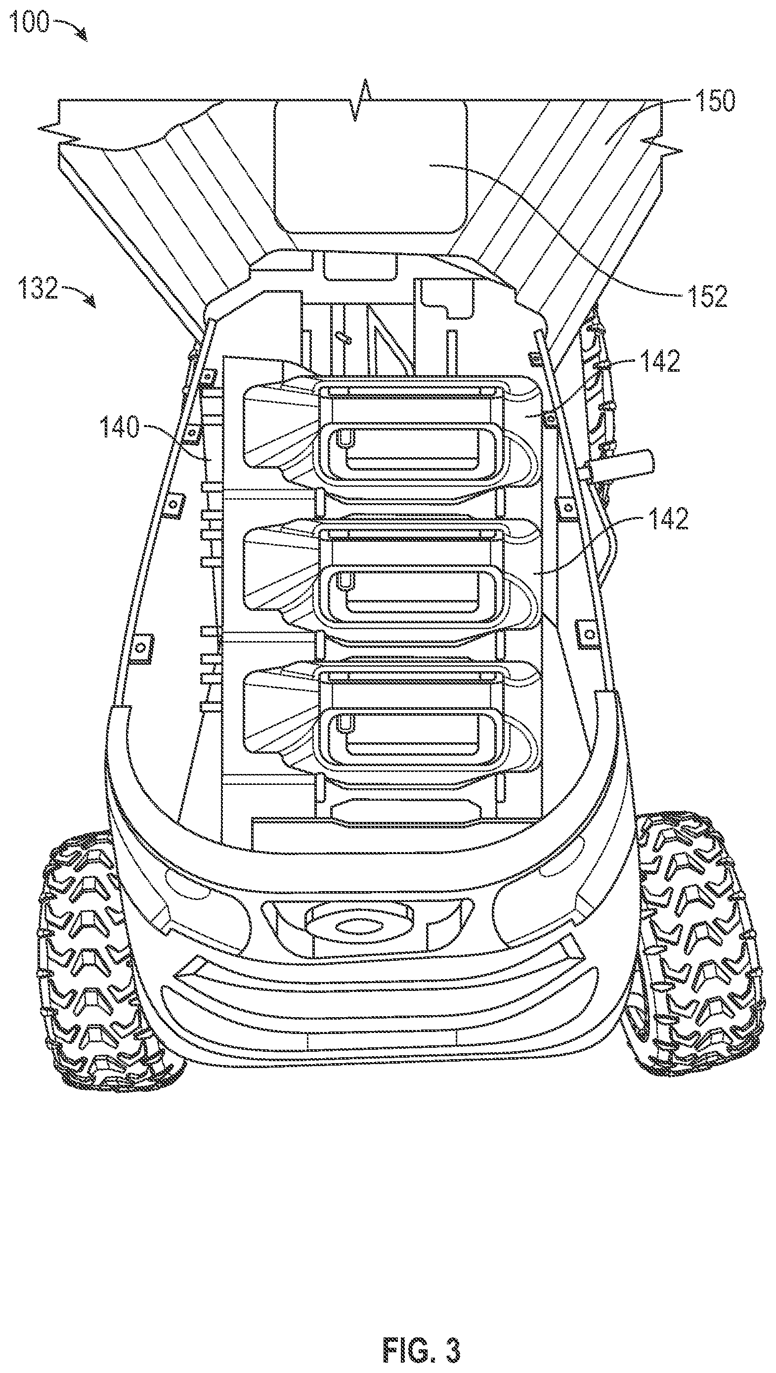 Patent US12576746 Figure 3 – Lawn tractor with removable battery packs