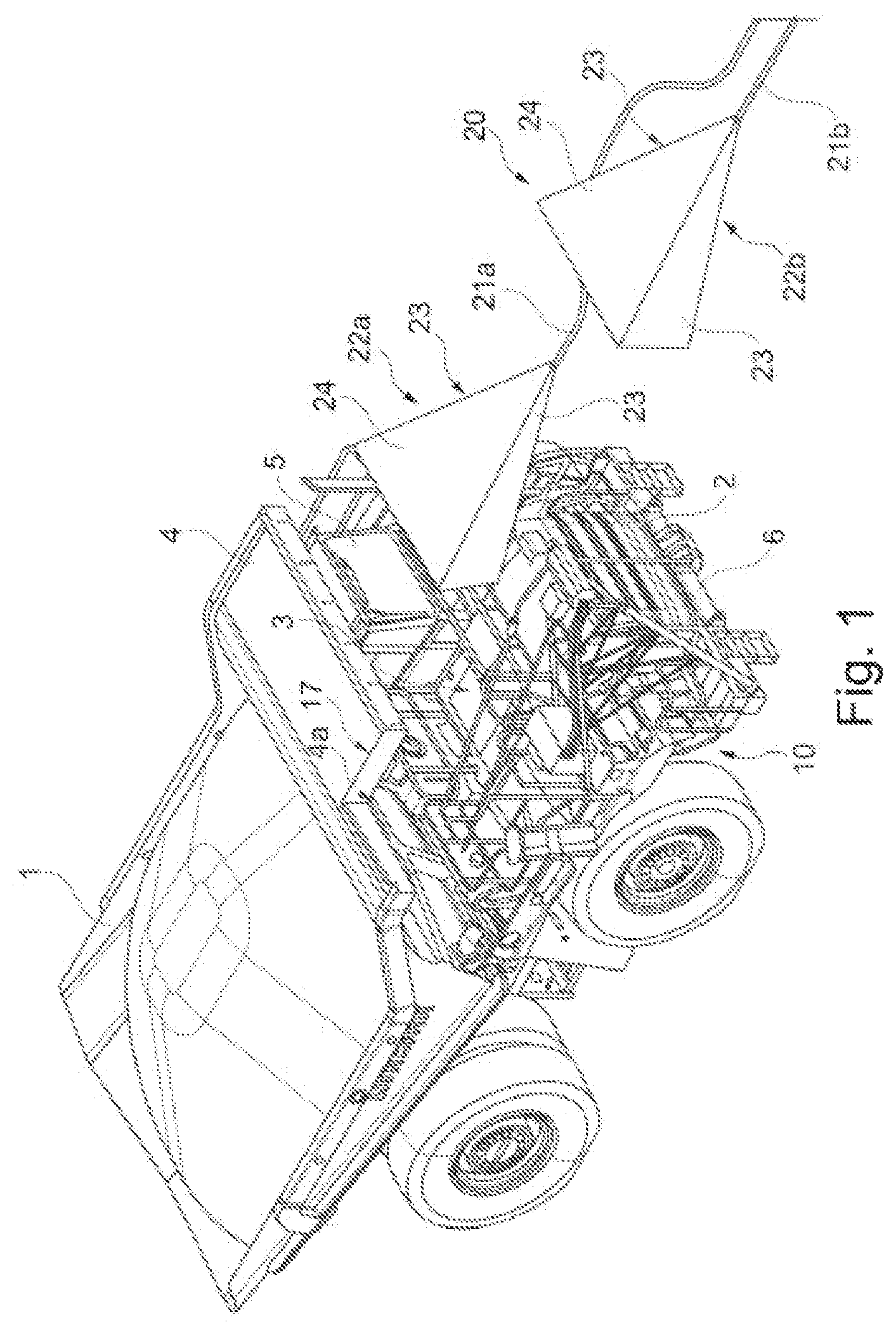 Patent US12576751 Figure 1 – Overhead line system for construction machines for piece good and bulk material transport and construction machine