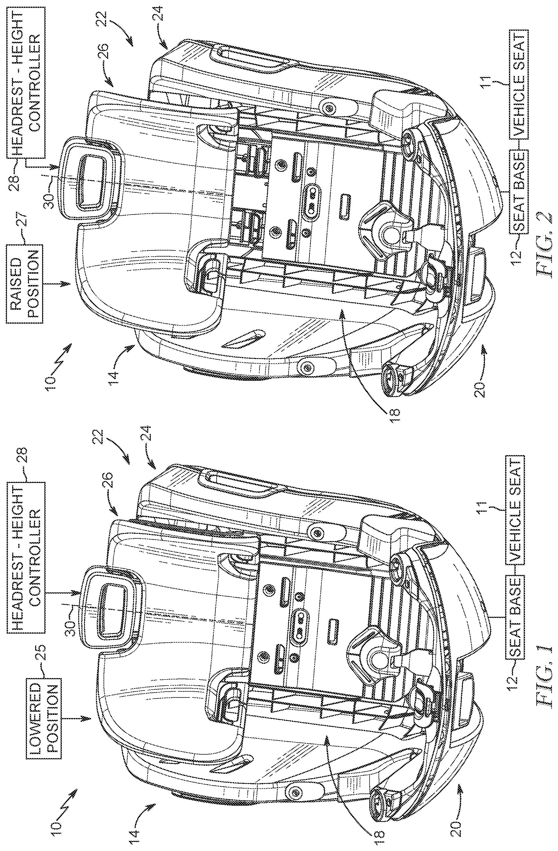 Patent US12576756 Figure 1 – Child restraint with movable headrest