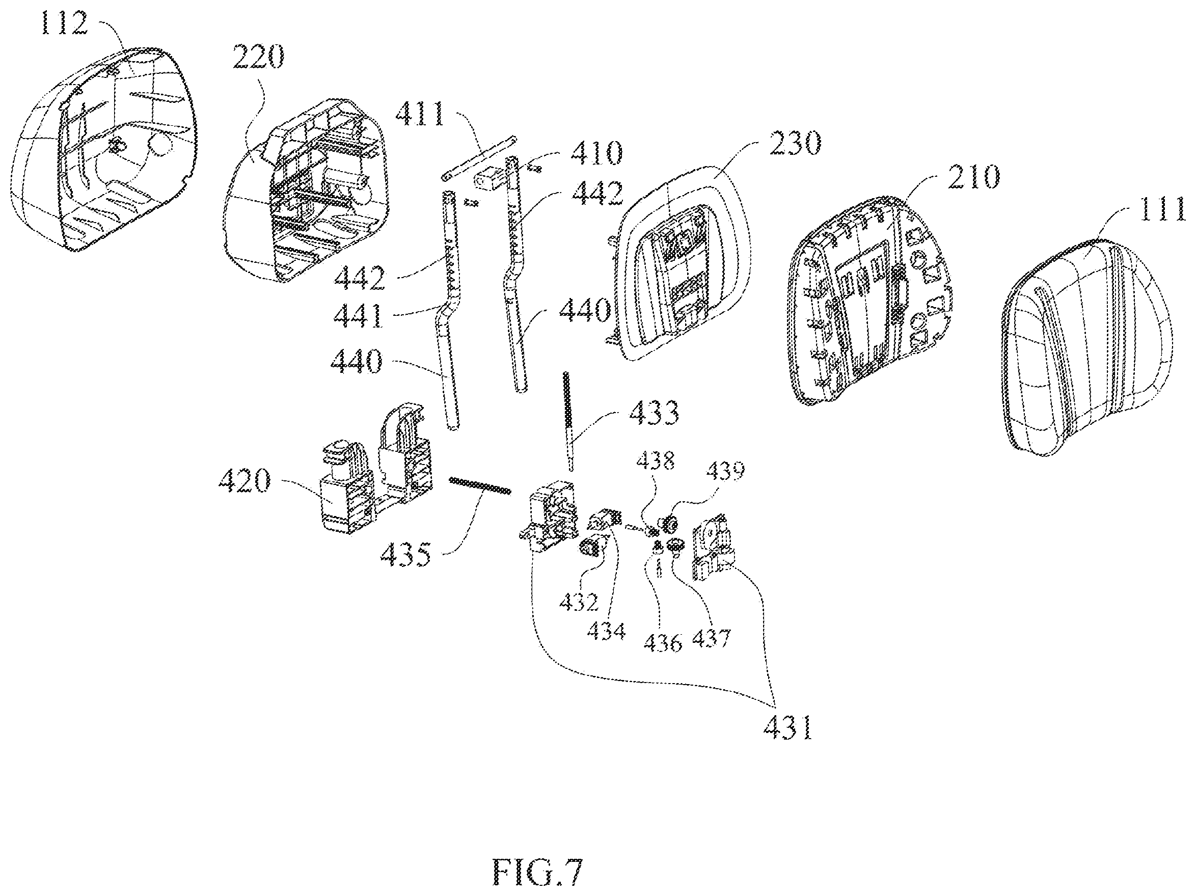 Patent US12576763 Figure 7 – Adjustment assembly and headrest