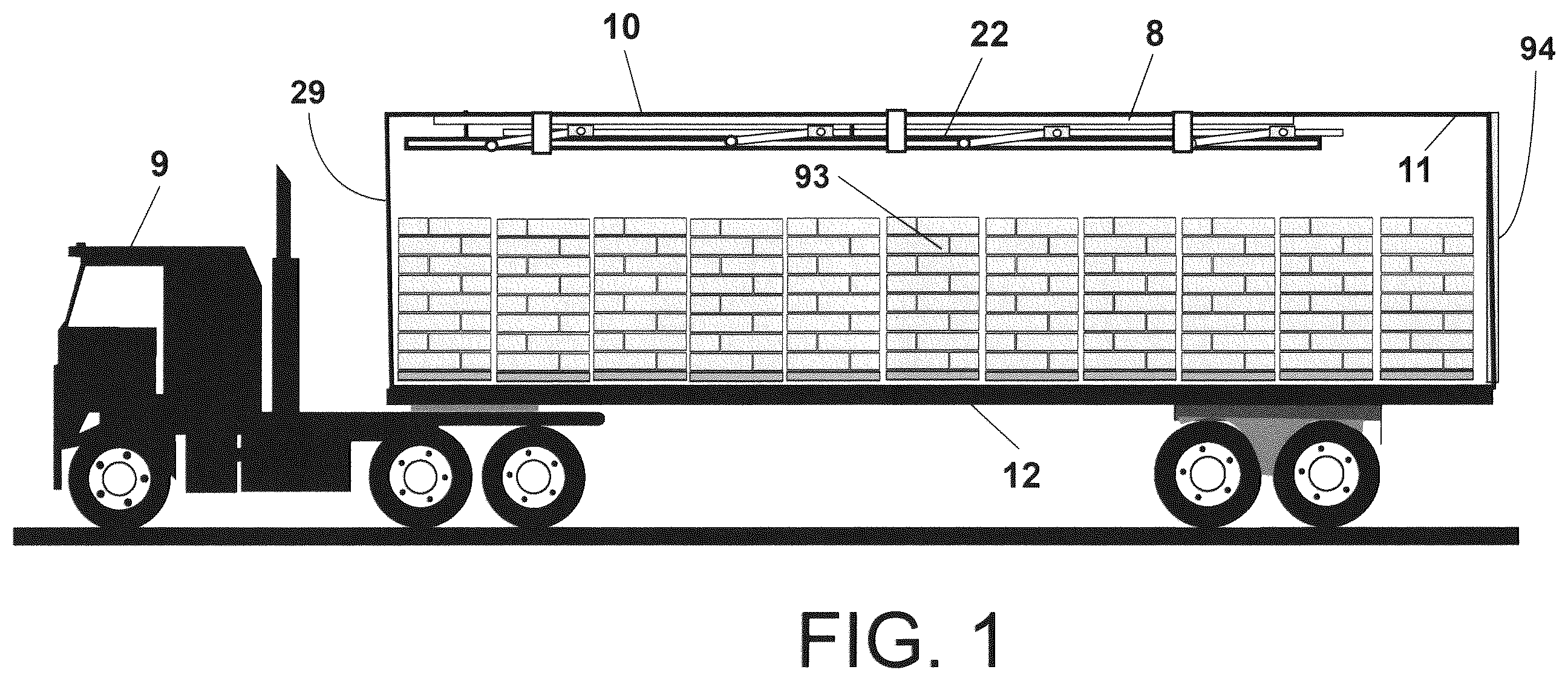 Patent US12576773 Figure 1 – Convertible trailer system for hauling general cargo or liquid in bulk