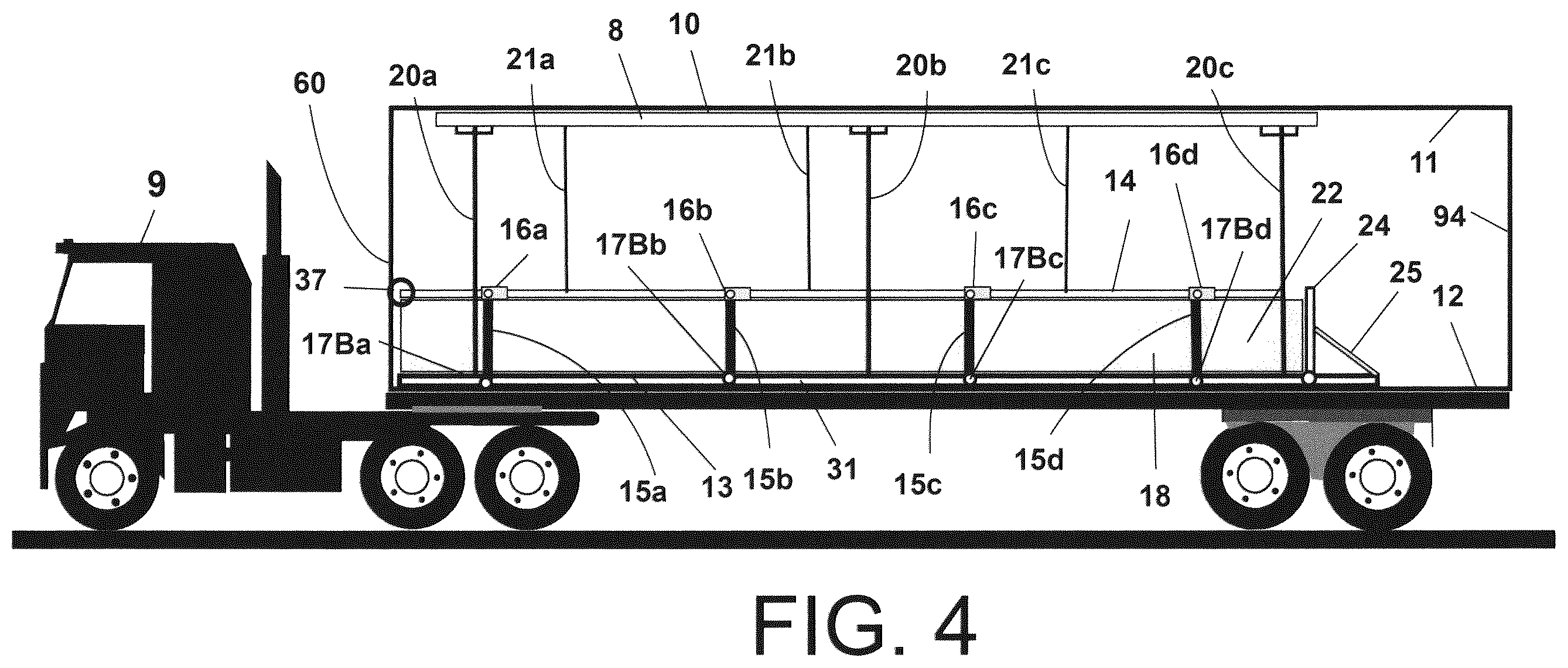 Patent US12576773 Figure 4 – Convertible trailer system for hauling general cargo or liquid in bulk