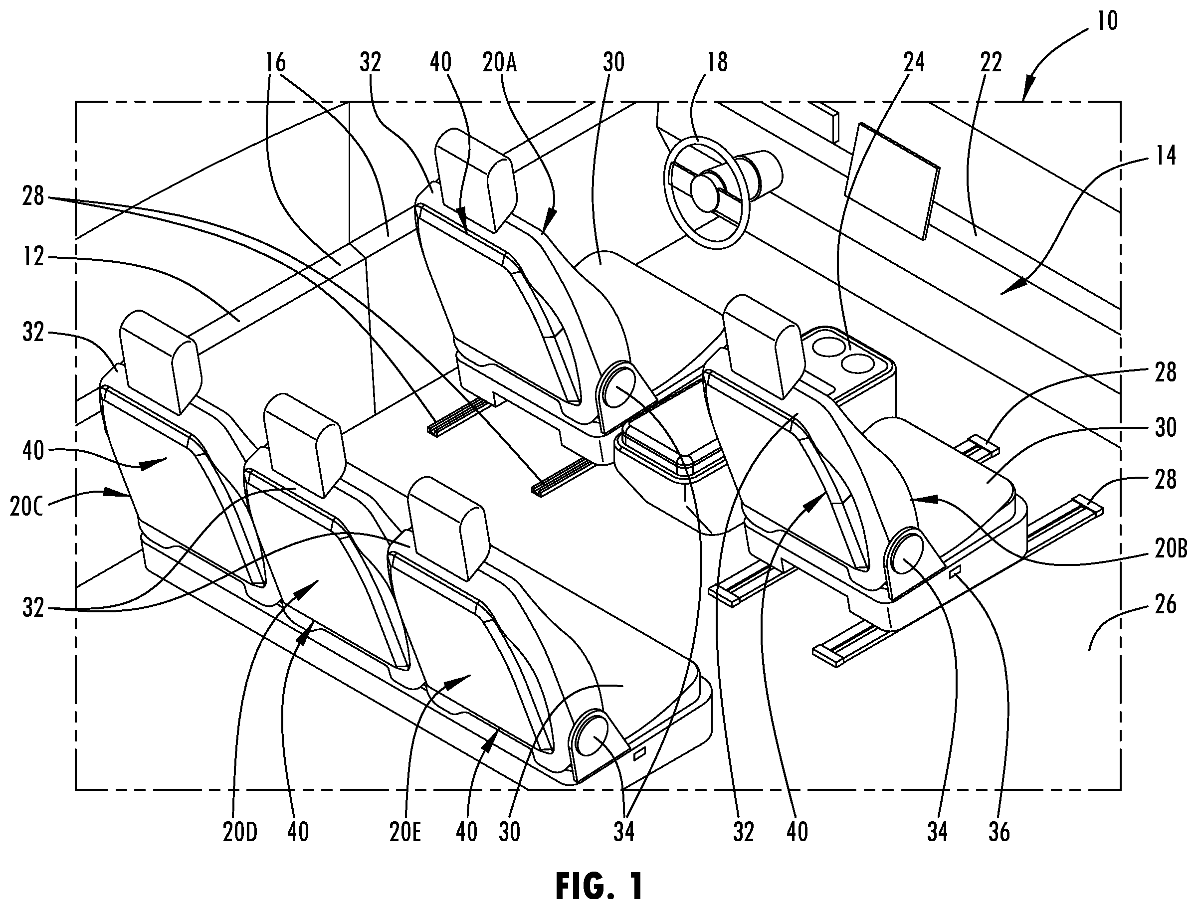 Patent US12576795 Figure 1 – Vehicle seating assembly having a seat back with an attachable modular accessory