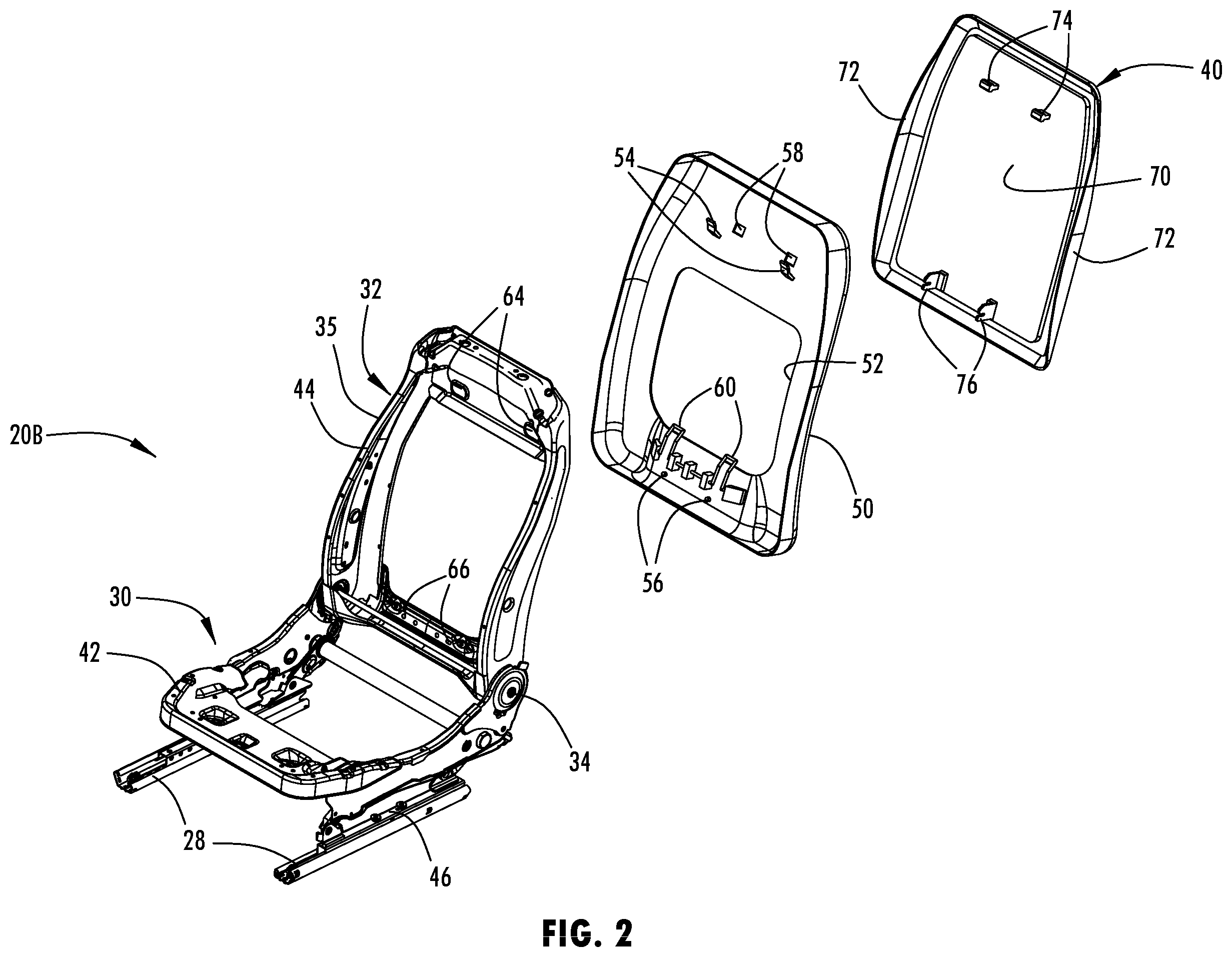 Patent US12576795 Figure 2 – Vehicle seating assembly having a seat back with an attachable modular accessory