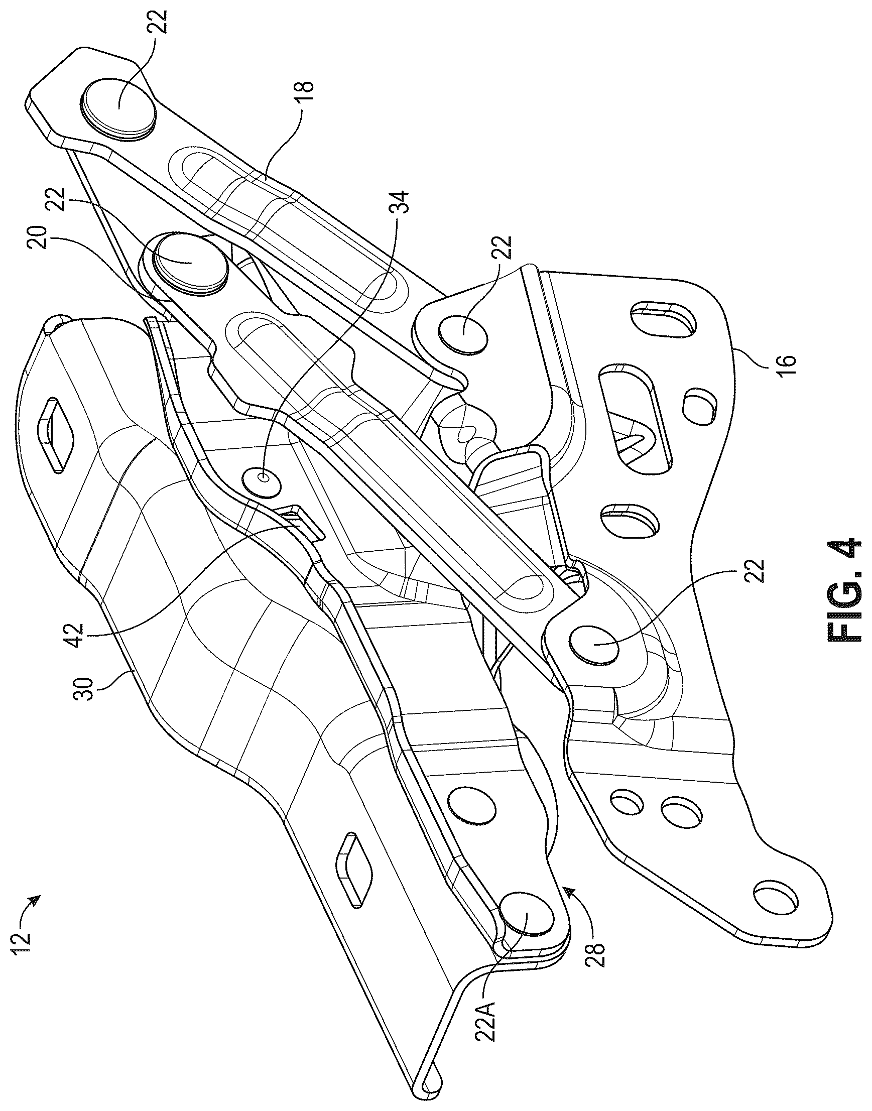 Patent US12576807 Figure 4 – Vehicle hood hinge assembly