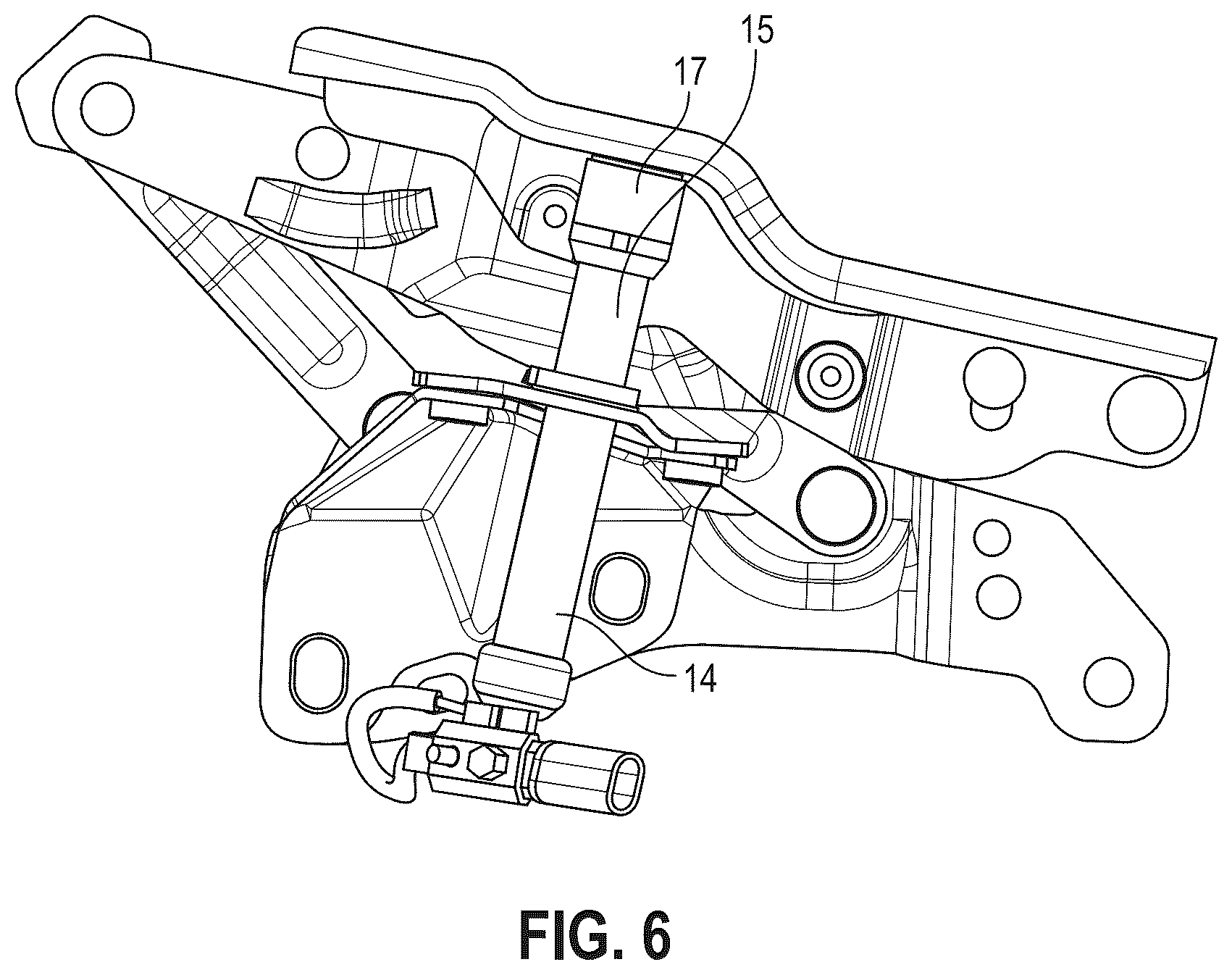 Patent US12576807 Figure 6 – Vehicle hood hinge assembly