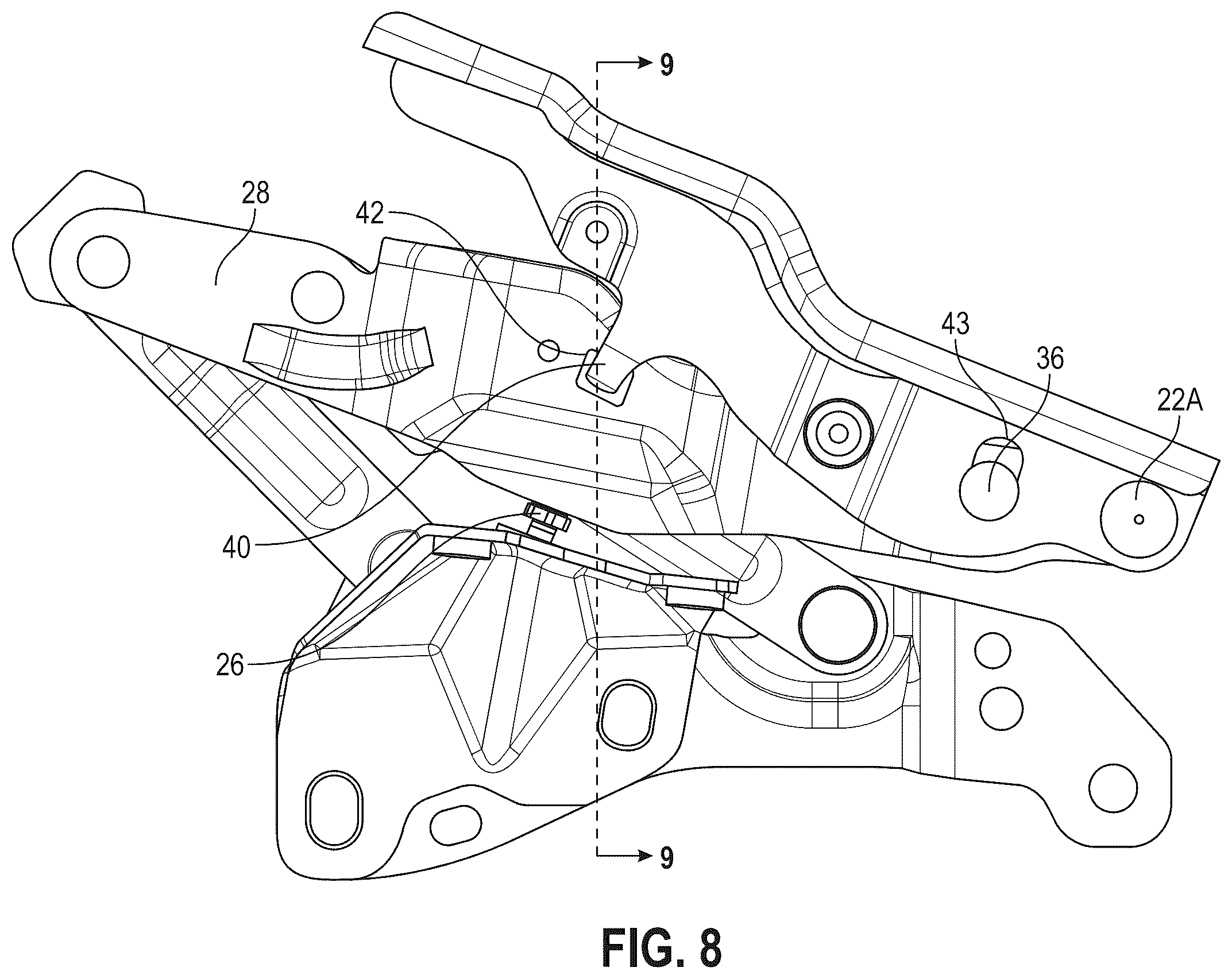 Patent US12576807 Figure 8 – Vehicle hood hinge assembly