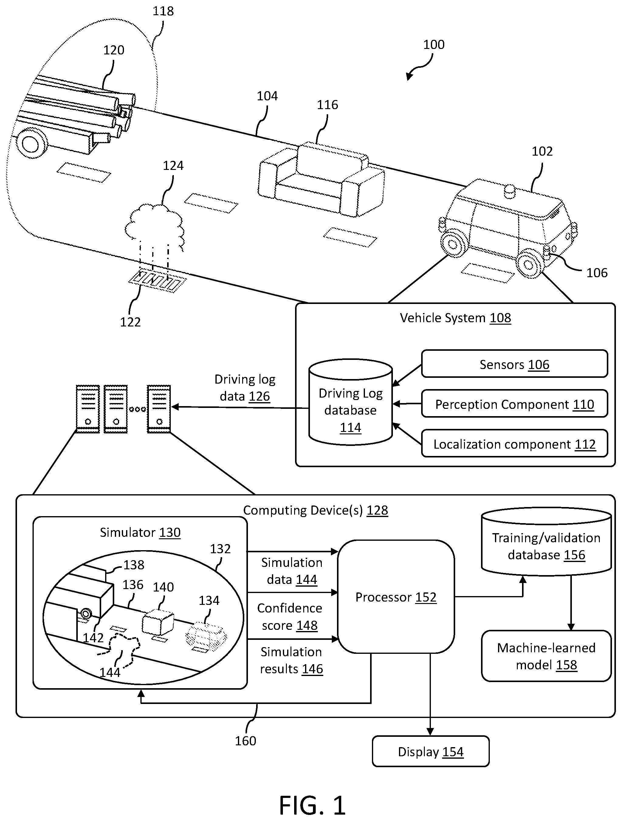 Patent US12576879 Figure 1 – Conversion of driving logs to simulations for autonomous vehicle testing and validation
