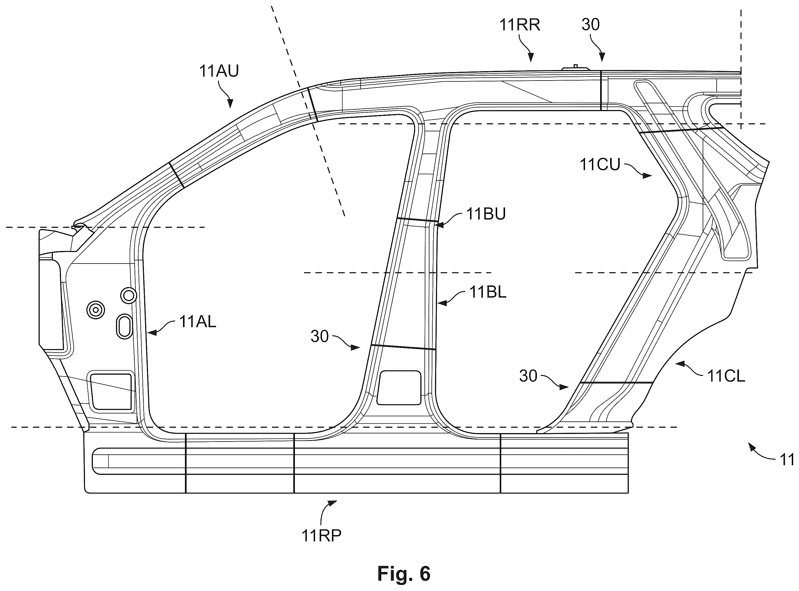 Patent US12576914 Figure 6 – Side structure for a motor vehicle