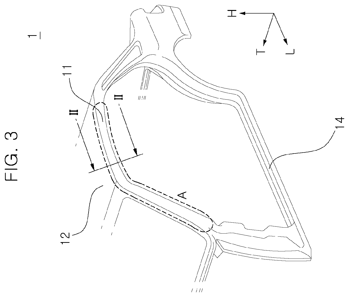 Patent US12576916 Figure 3 – Reinforcement rail for roof side rail for vehicle and roof side rail assembly with improved rigidity using the same